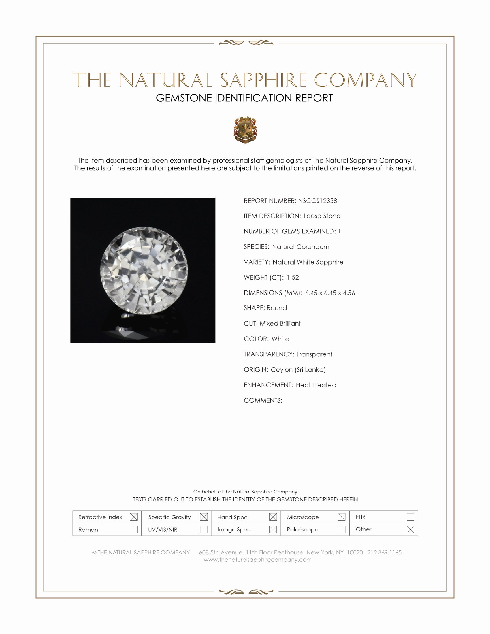 1.52 Ct. White Sapphire from Ceylon (Sri Lanka)