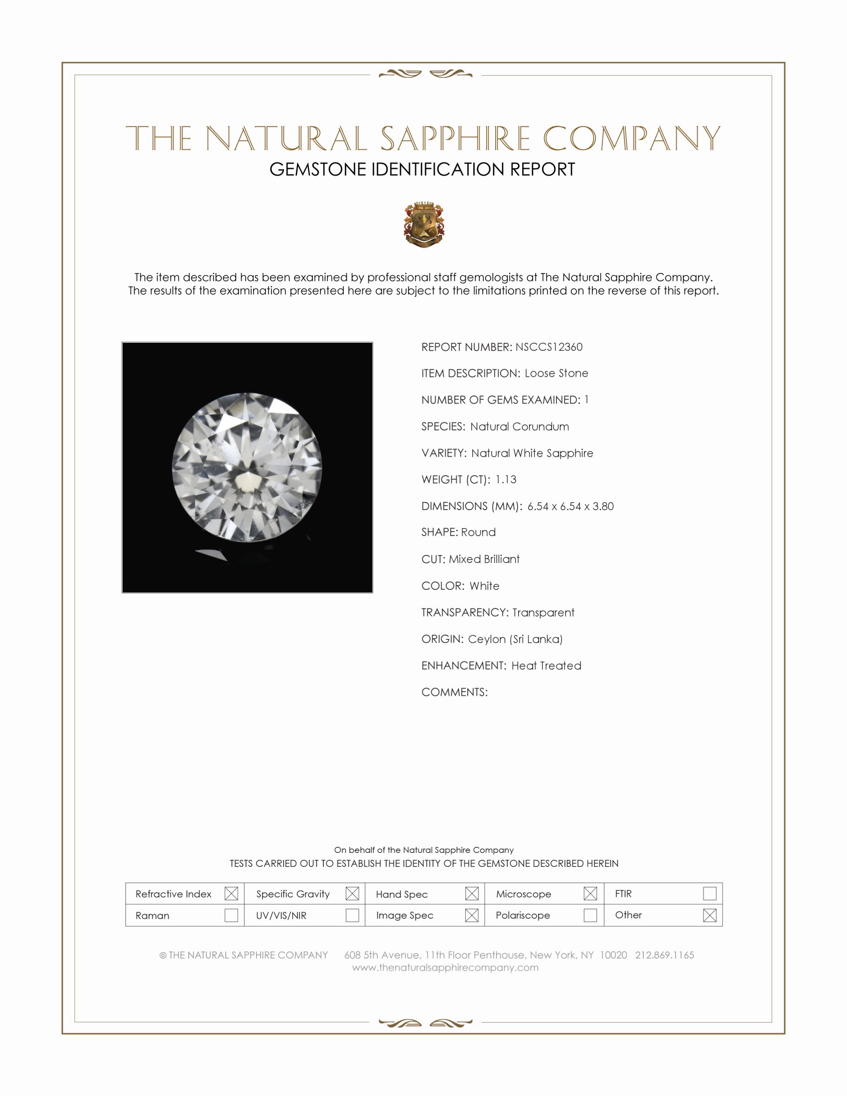 1.13 Ct. White Sapphire from Ceylon (Sri Lanka)