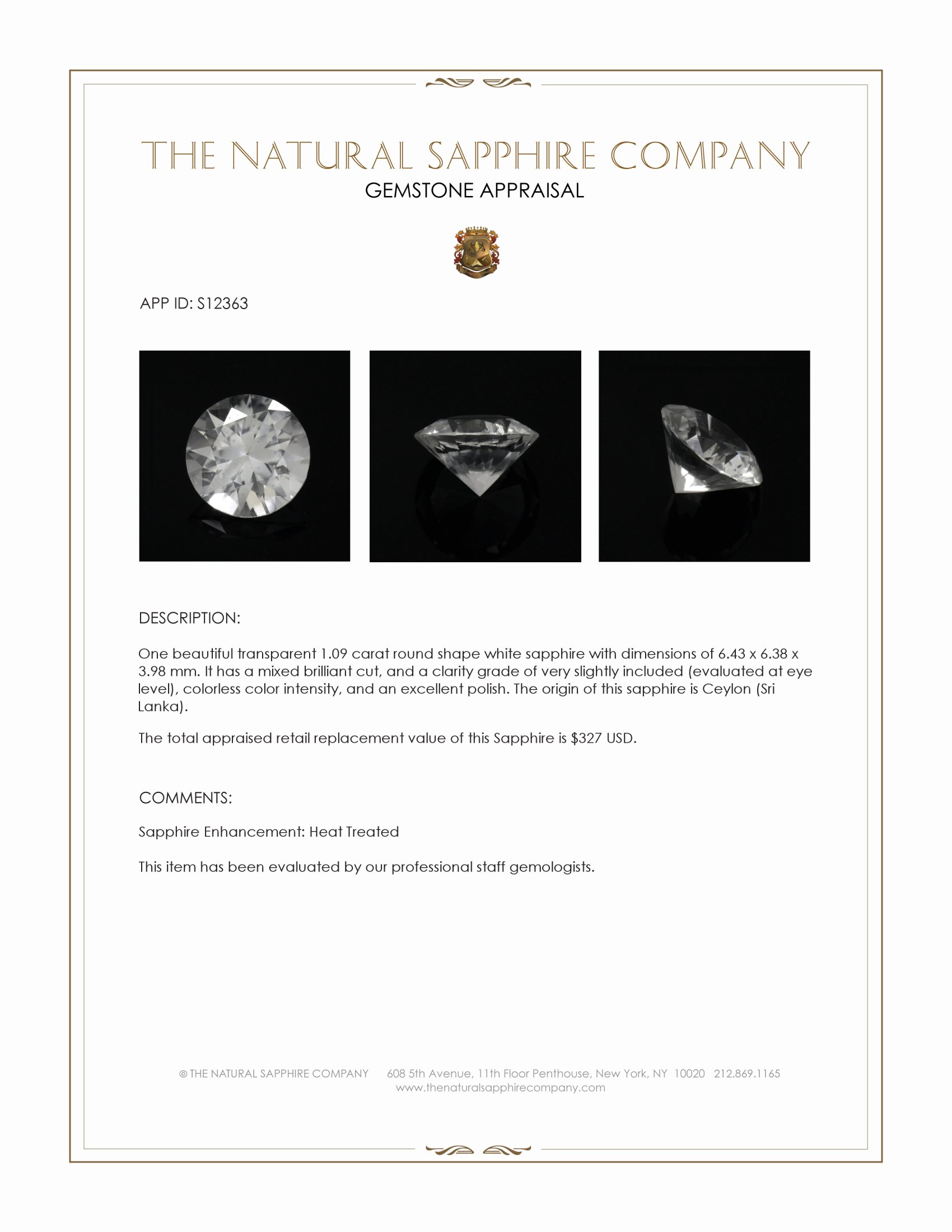 1.09 Ct. White Sapphire from Ceylon (Sri Lanka)