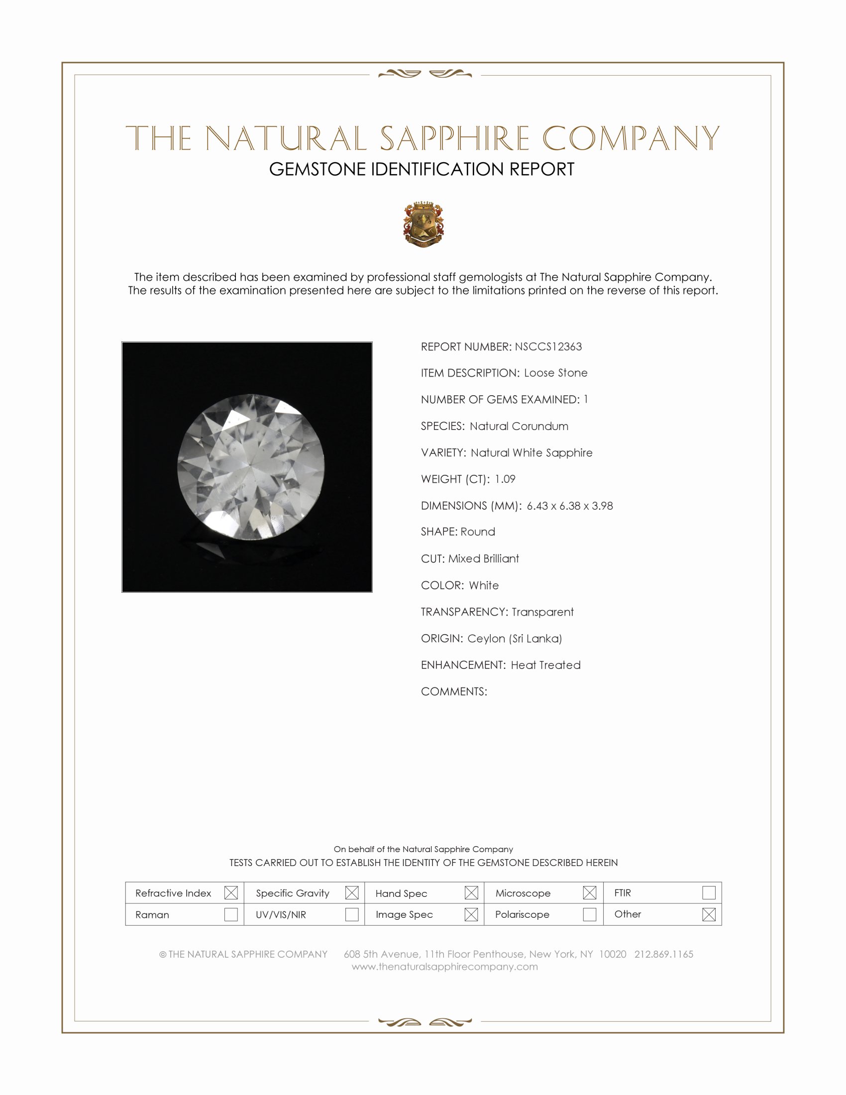 1.09 Ct. White Sapphire from Ceylon (Sri Lanka)