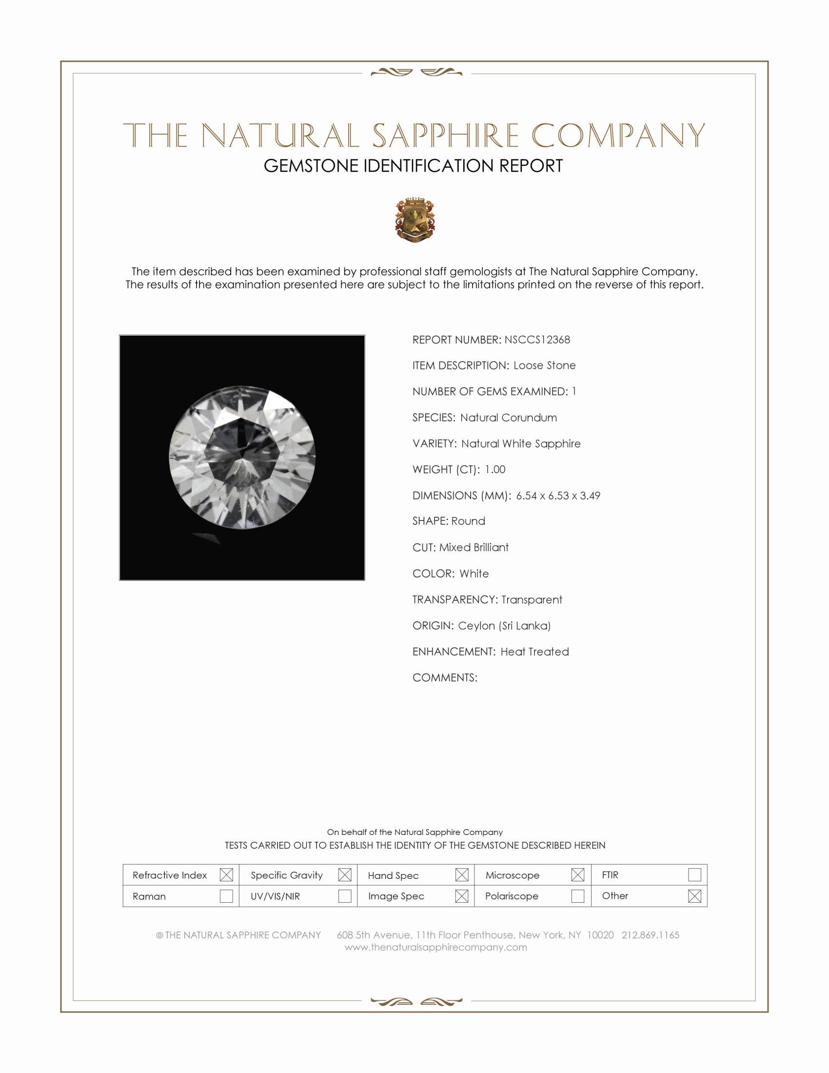1.00 Ct. White Sapphire from Ceylon (Sri Lanka)