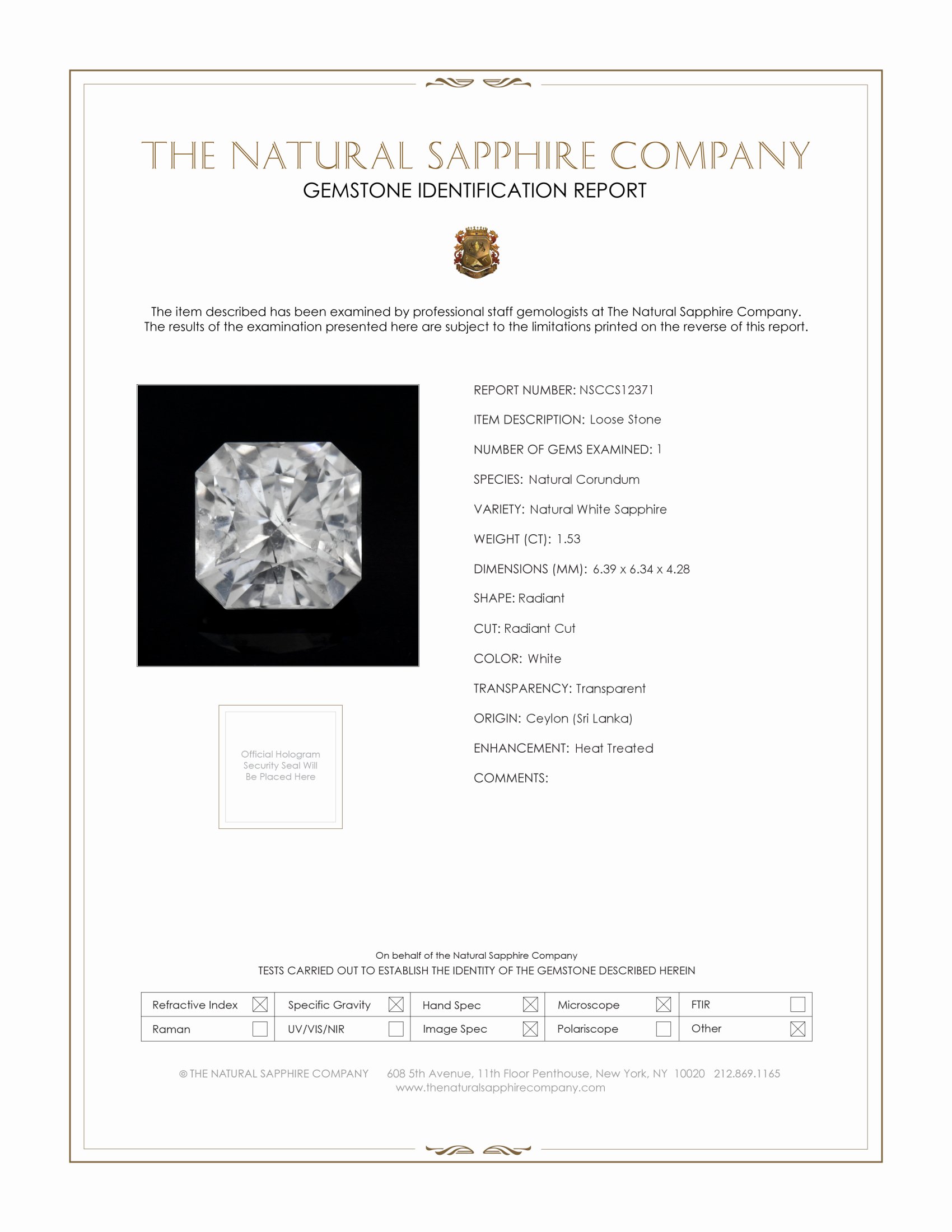1.53 Ct. White Sapphire from Ceylon (Sri Lanka)