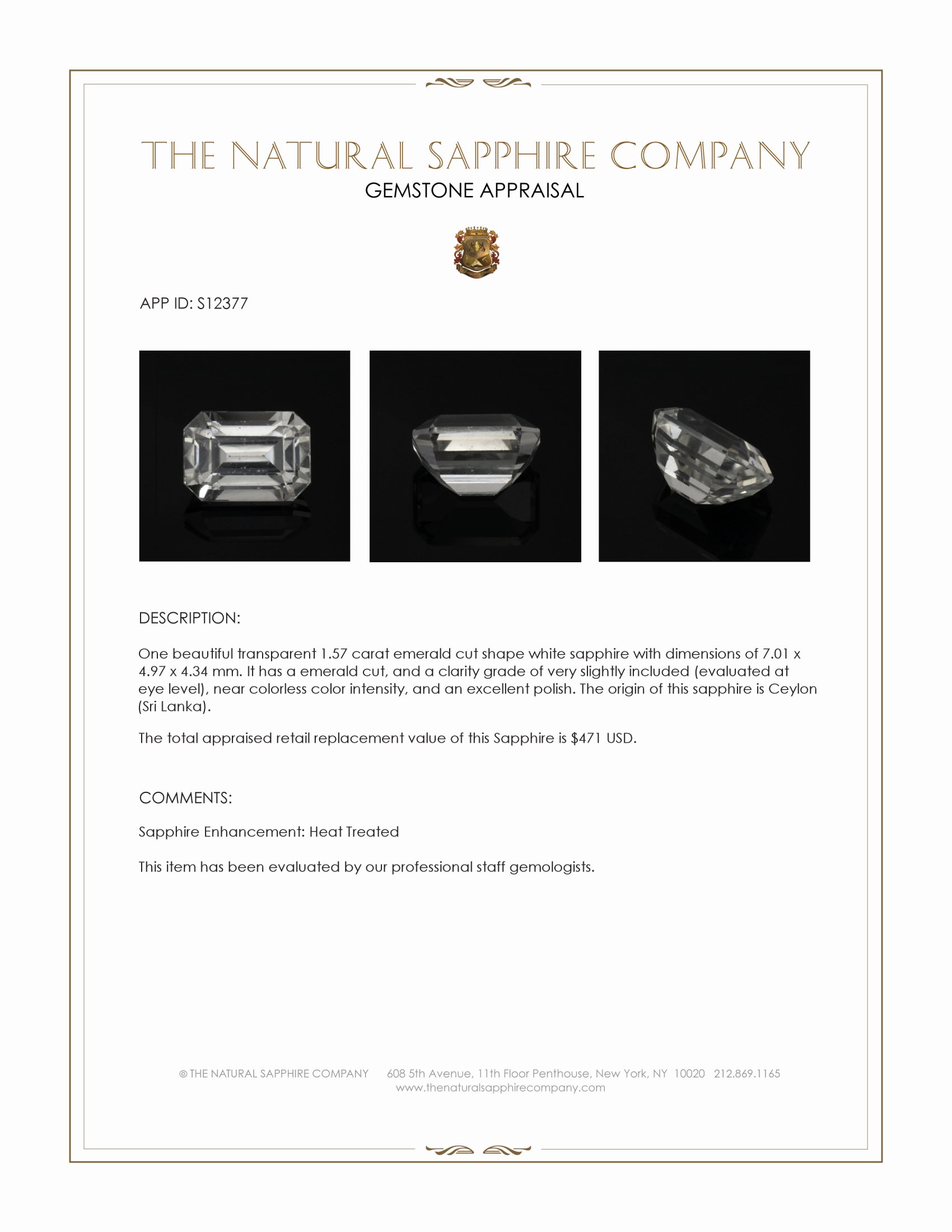 1.57 Ct. White Sapphire from Ceylon (Sri Lanka)