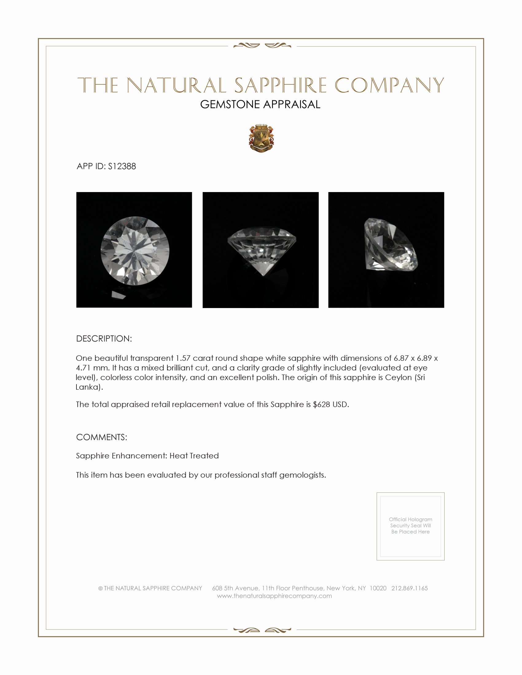 1.57 Ct. White Sapphire from Ceylon (Sri Lanka)