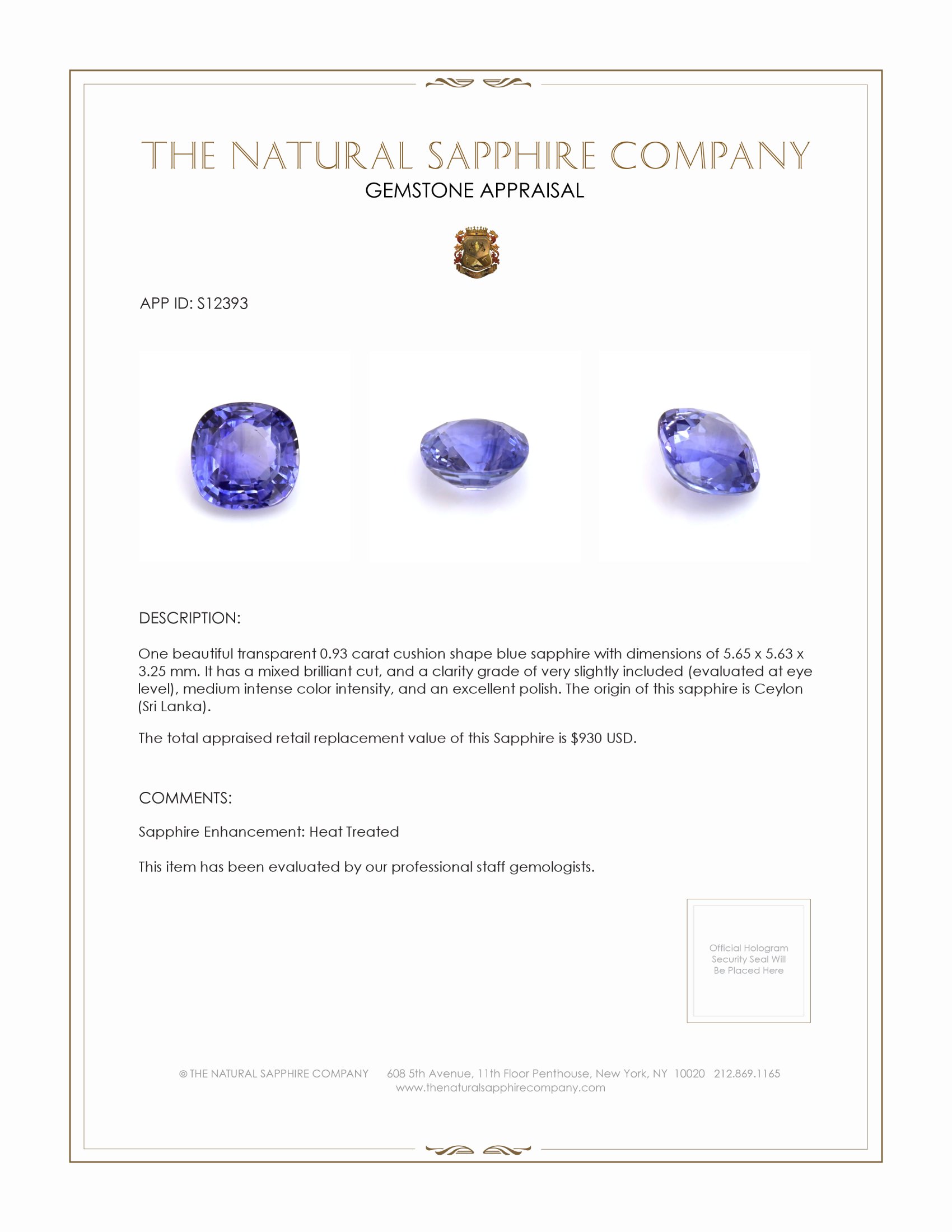 0.93 Ct. Blue Sapphire from Ceylon (Sri Lanka)