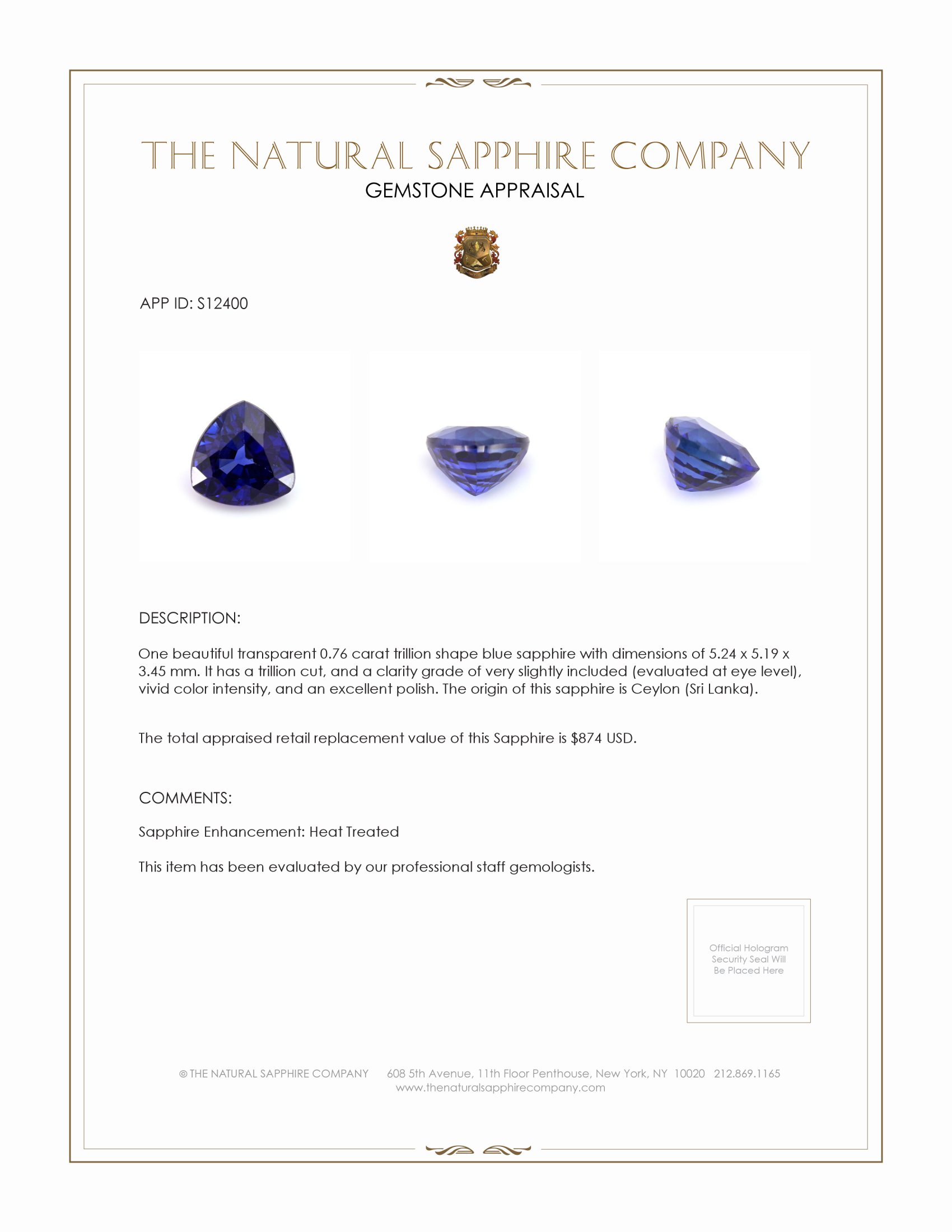 0.76 Ct. Blue Sapphire from Ceylon (Sri Lanka)
