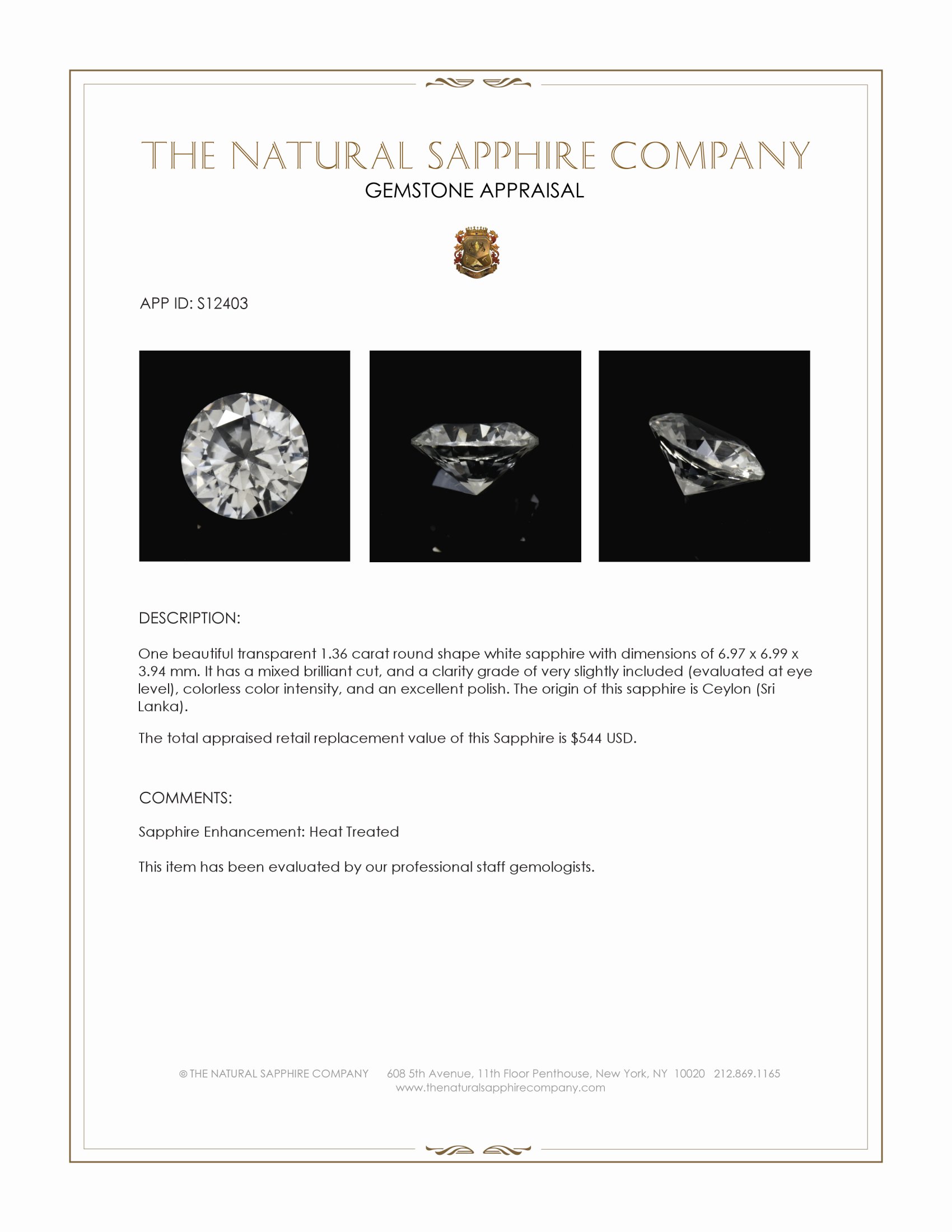 1.36 Ct. White Sapphire from Ceylon (Sri Lanka)