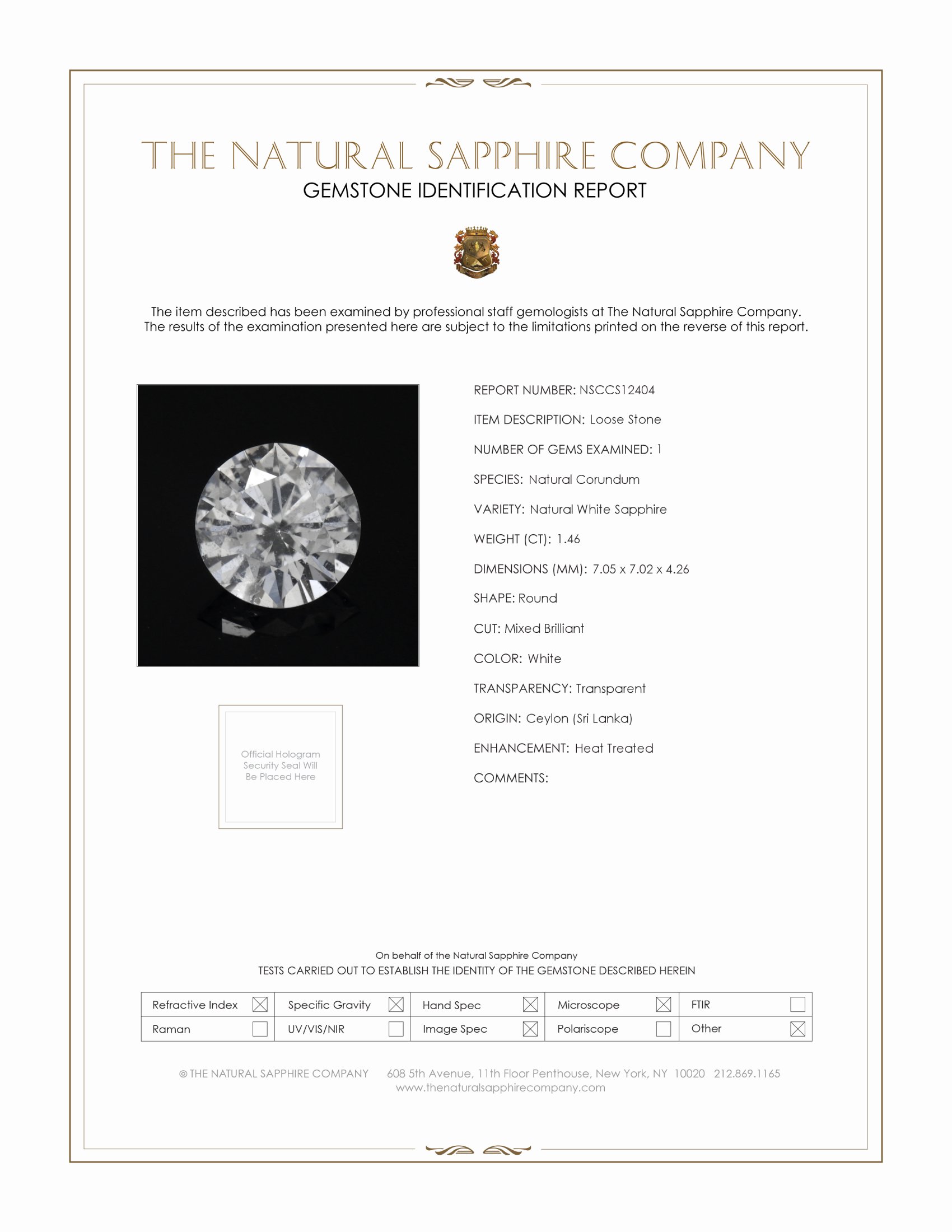 1.46 Ct. White Sapphire from Ceylon (Sri Lanka)