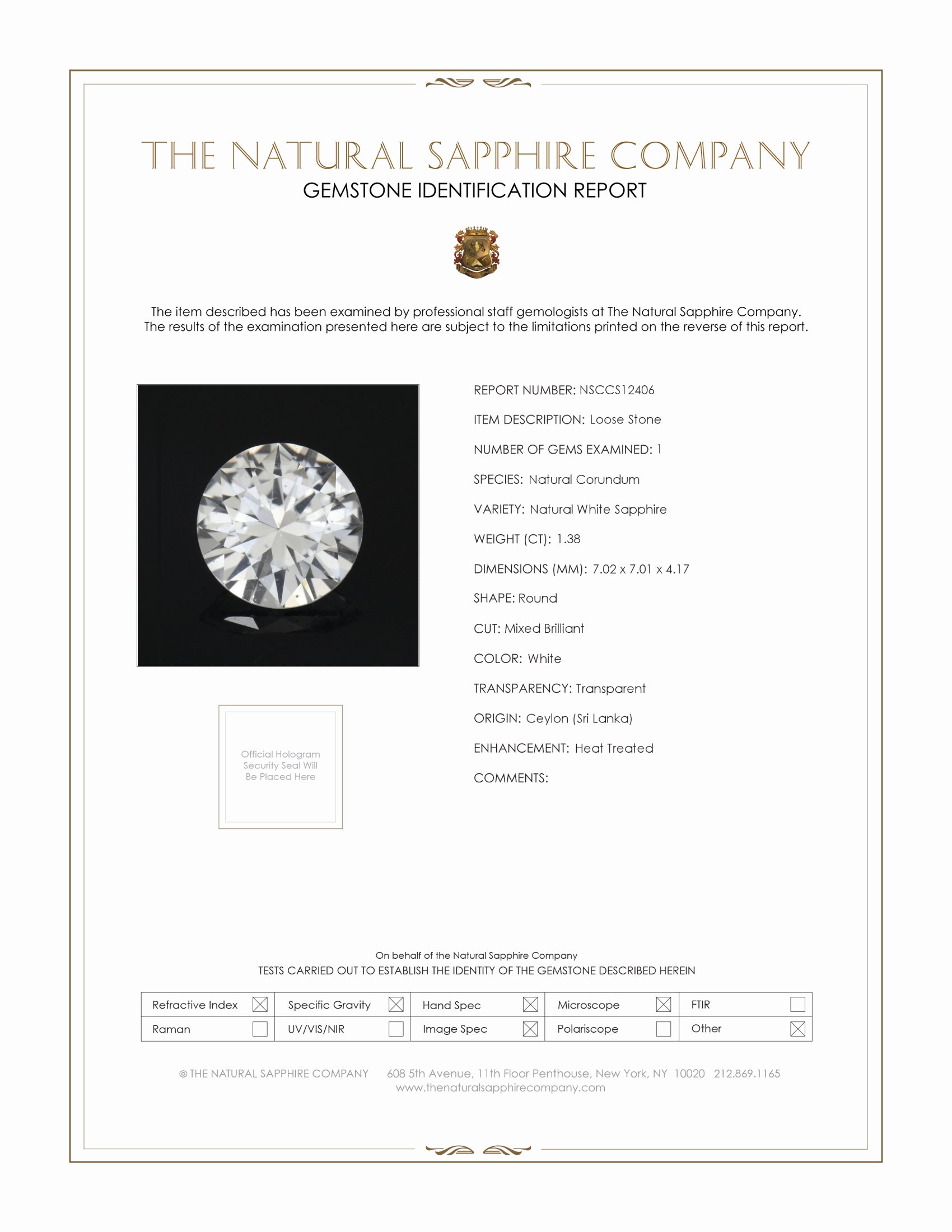 1.38 Ct. White Sapphire from Ceylon (Sri Lanka)