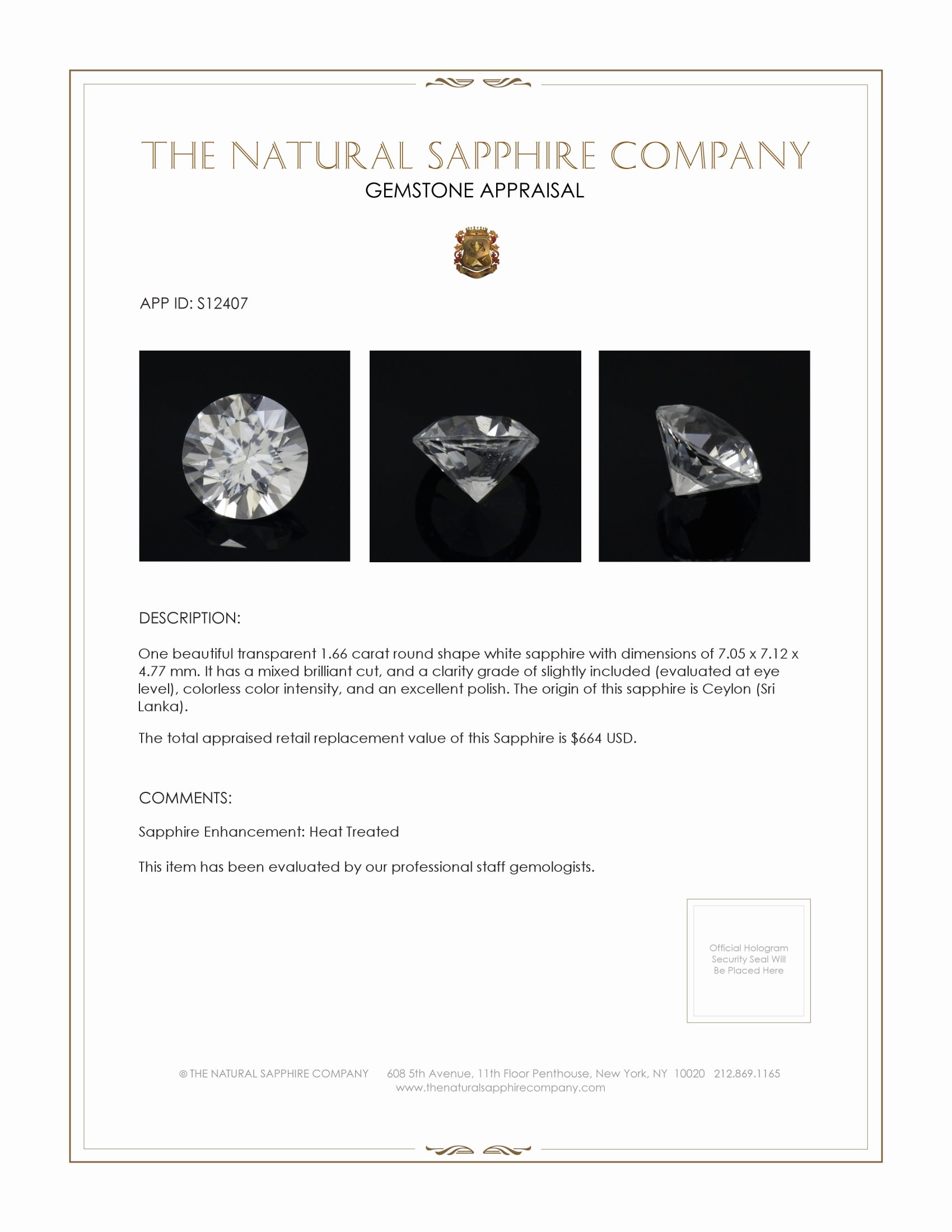 1.66 Ct. White Sapphire from Ceylon (Sri Lanka)