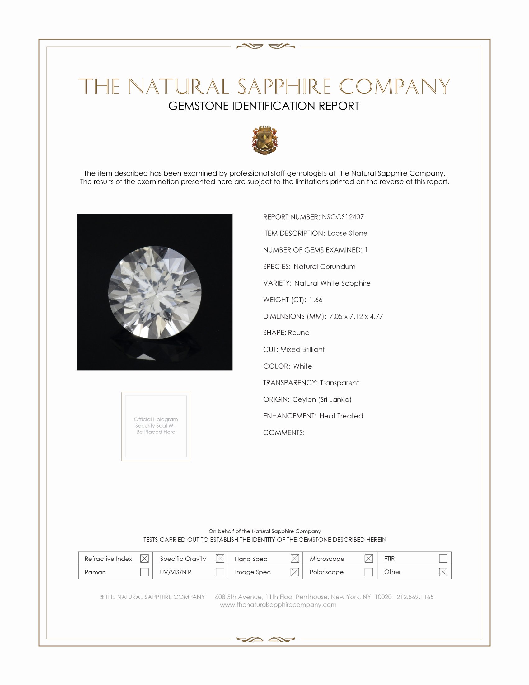 1.66 Ct. White Sapphire from Ceylon (Sri Lanka)