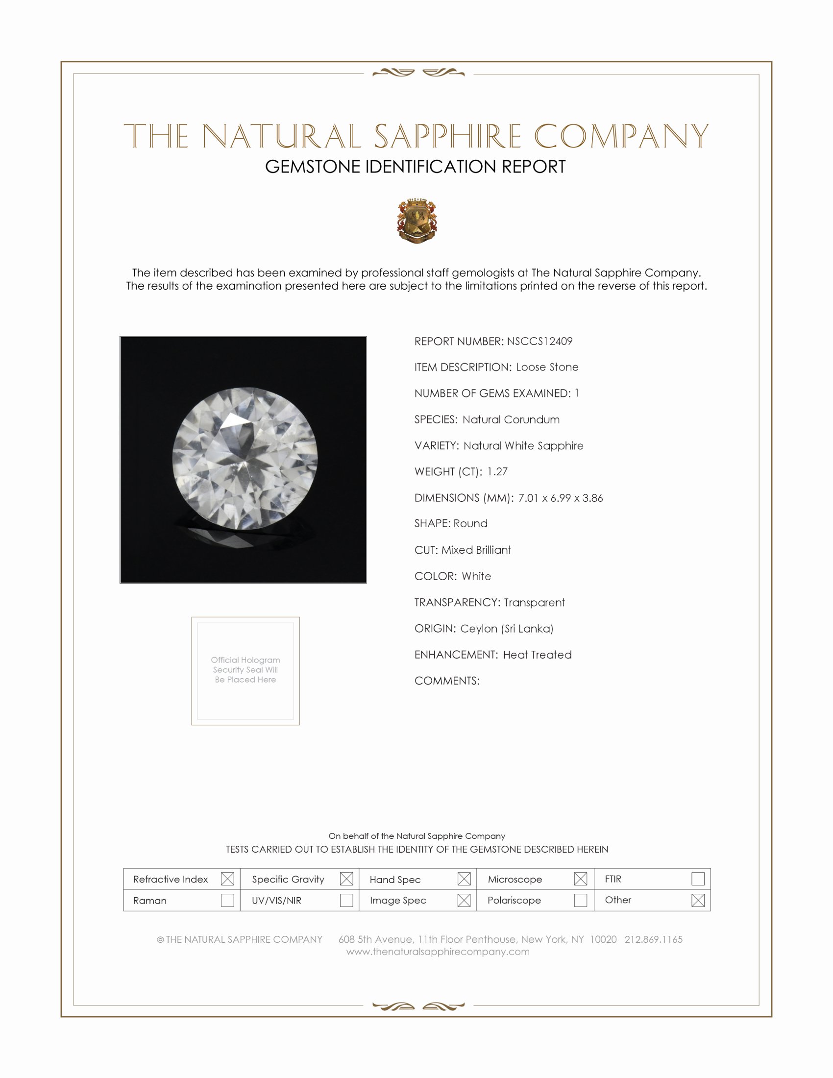 1.27 Ct. White Sapphire from Ceylon (Sri Lanka)