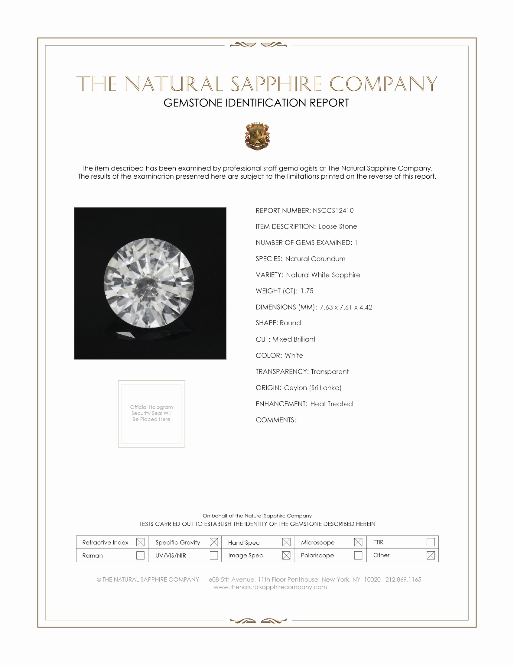 1.75 Ct. White Sapphire from Ceylon (Sri Lanka)
