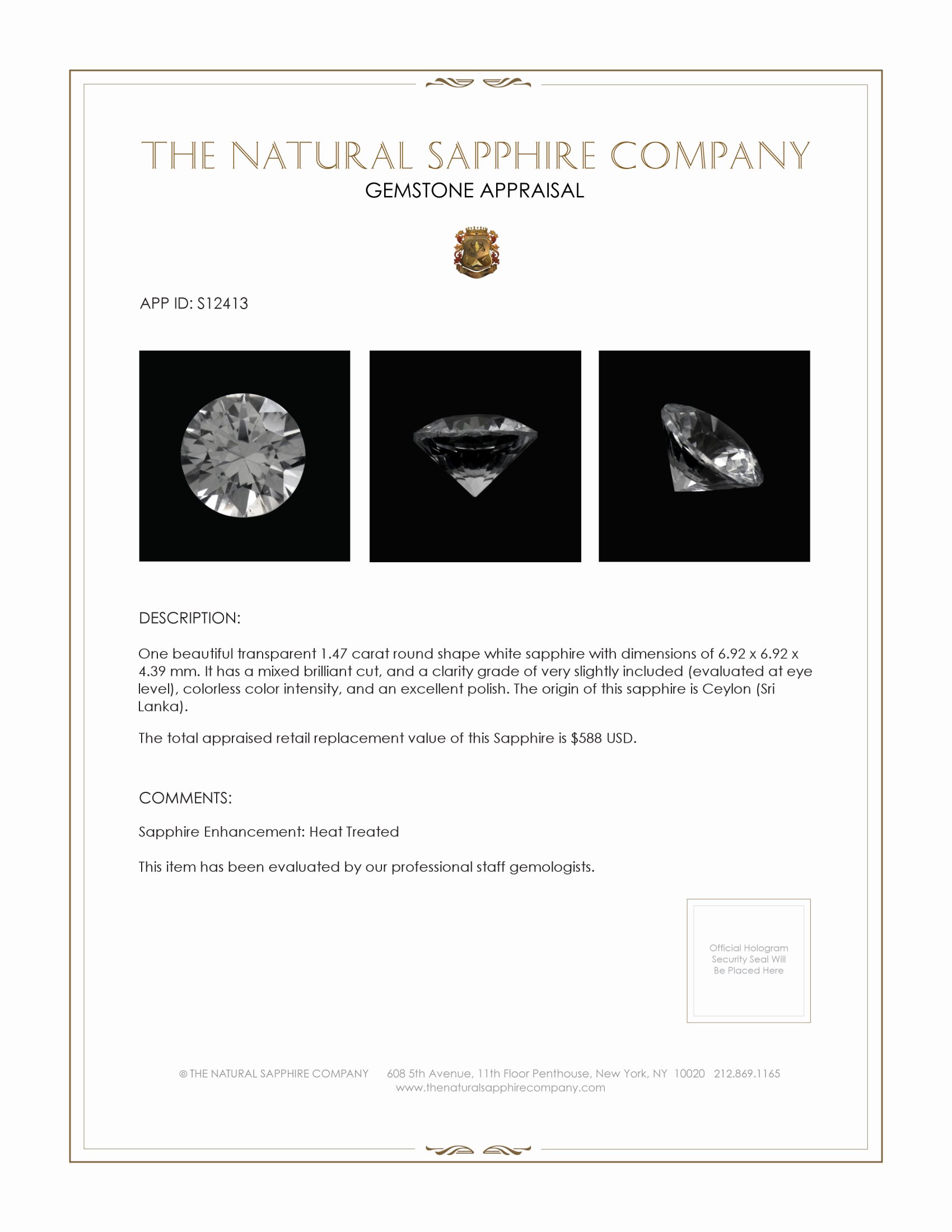 1.47 Ct. White Sapphire from Ceylon (Sri Lanka)