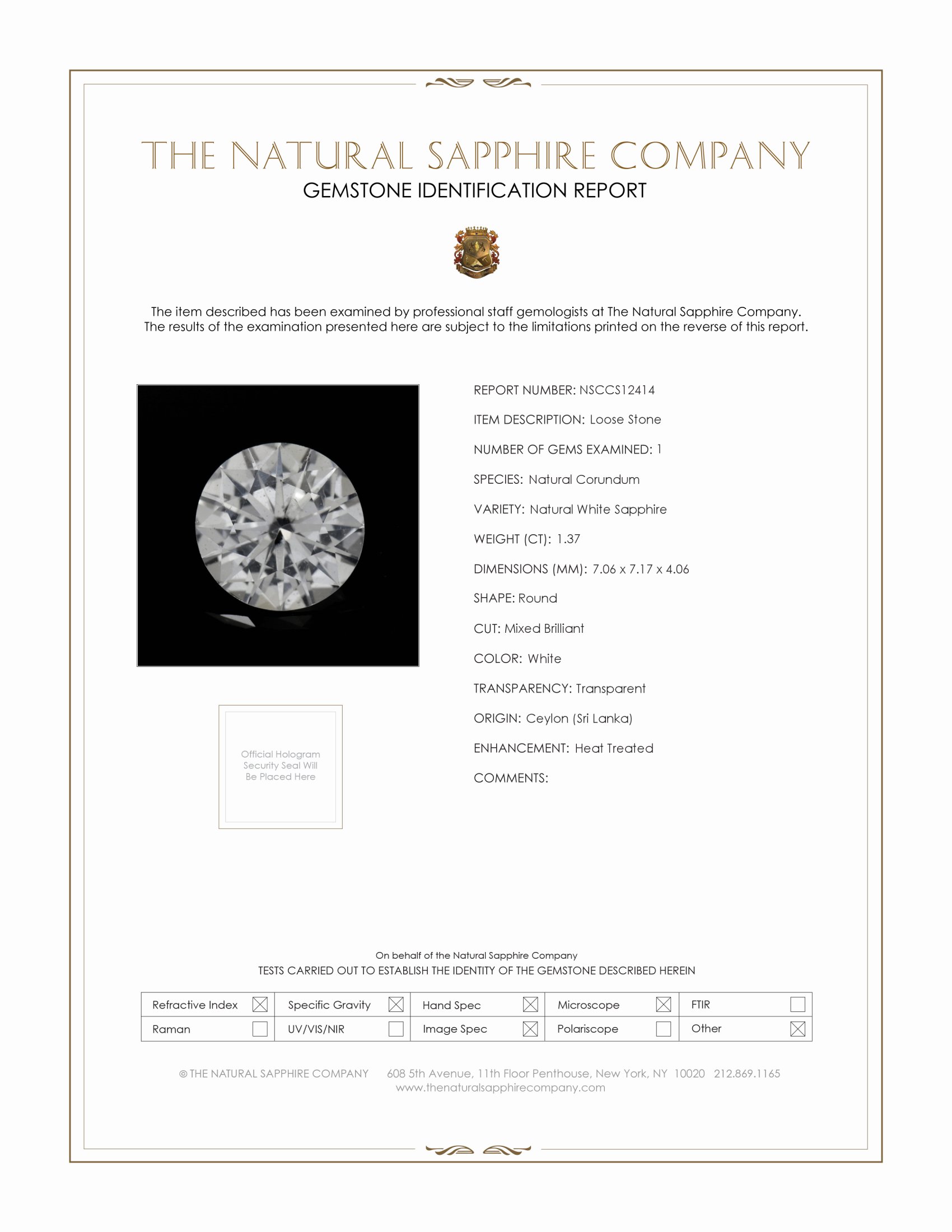 1.37 Ct. White Sapphire from Ceylon (Sri Lanka)