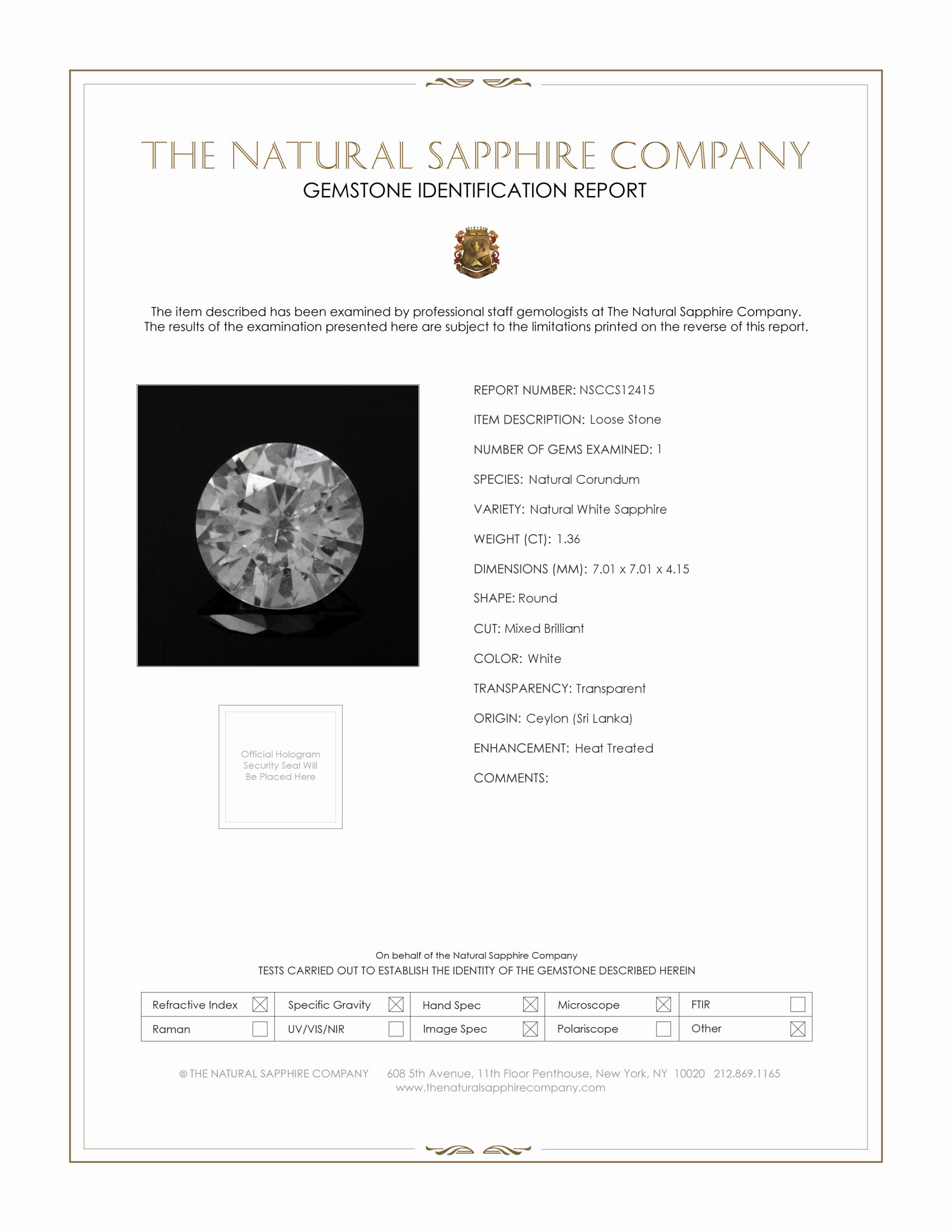 1.36 Ct. White Sapphire from Ceylon (Sri Lanka)