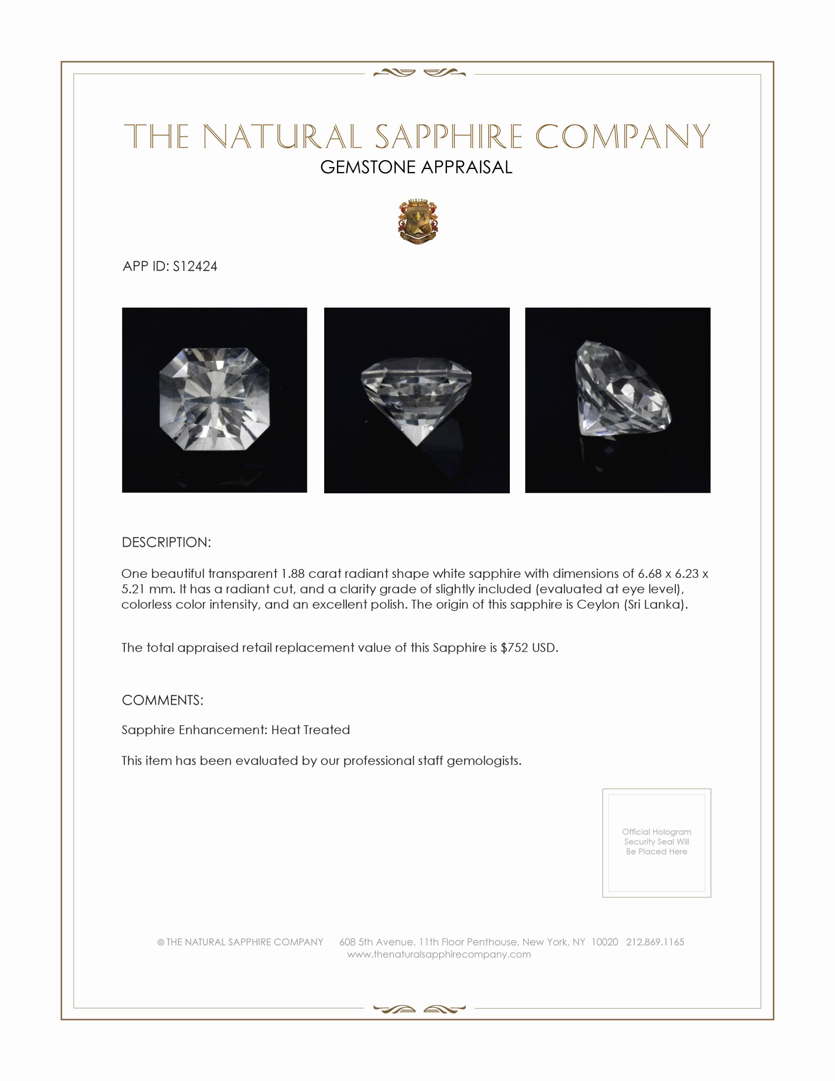 1.88 Ct. White Sapphire from Ceylon (Sri Lanka)