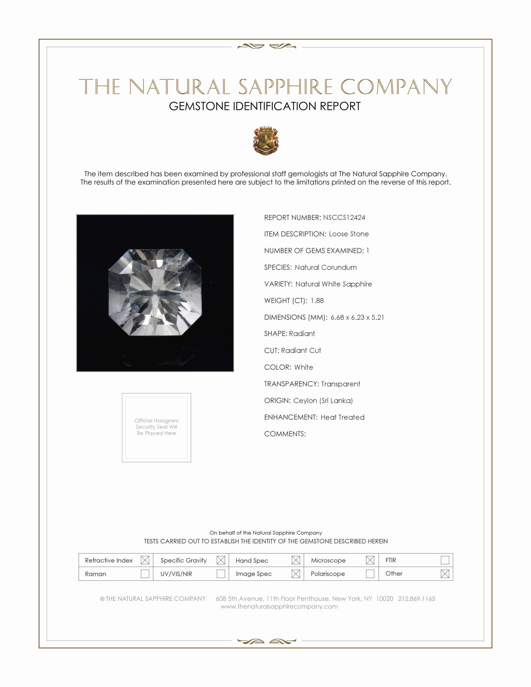 1.88 Ct. White Sapphire from Ceylon (Sri Lanka)