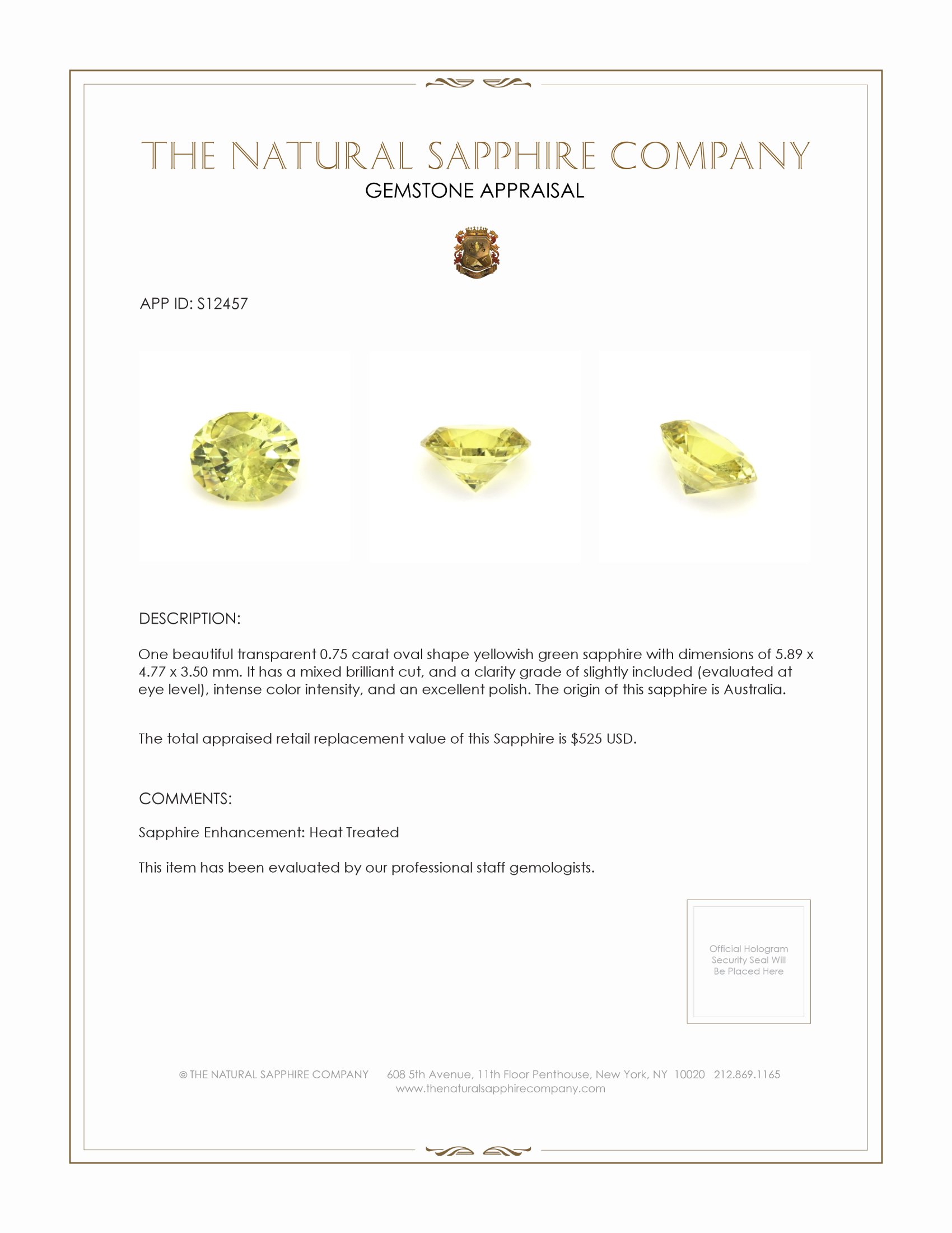 0.75 Ct. Yellowish Green Sapphire from Australia
