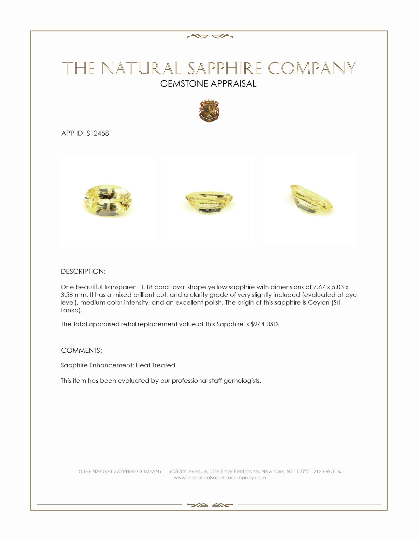 1.18 Ct. Yellow Sapphire from Ceylon (Sri Lanka)