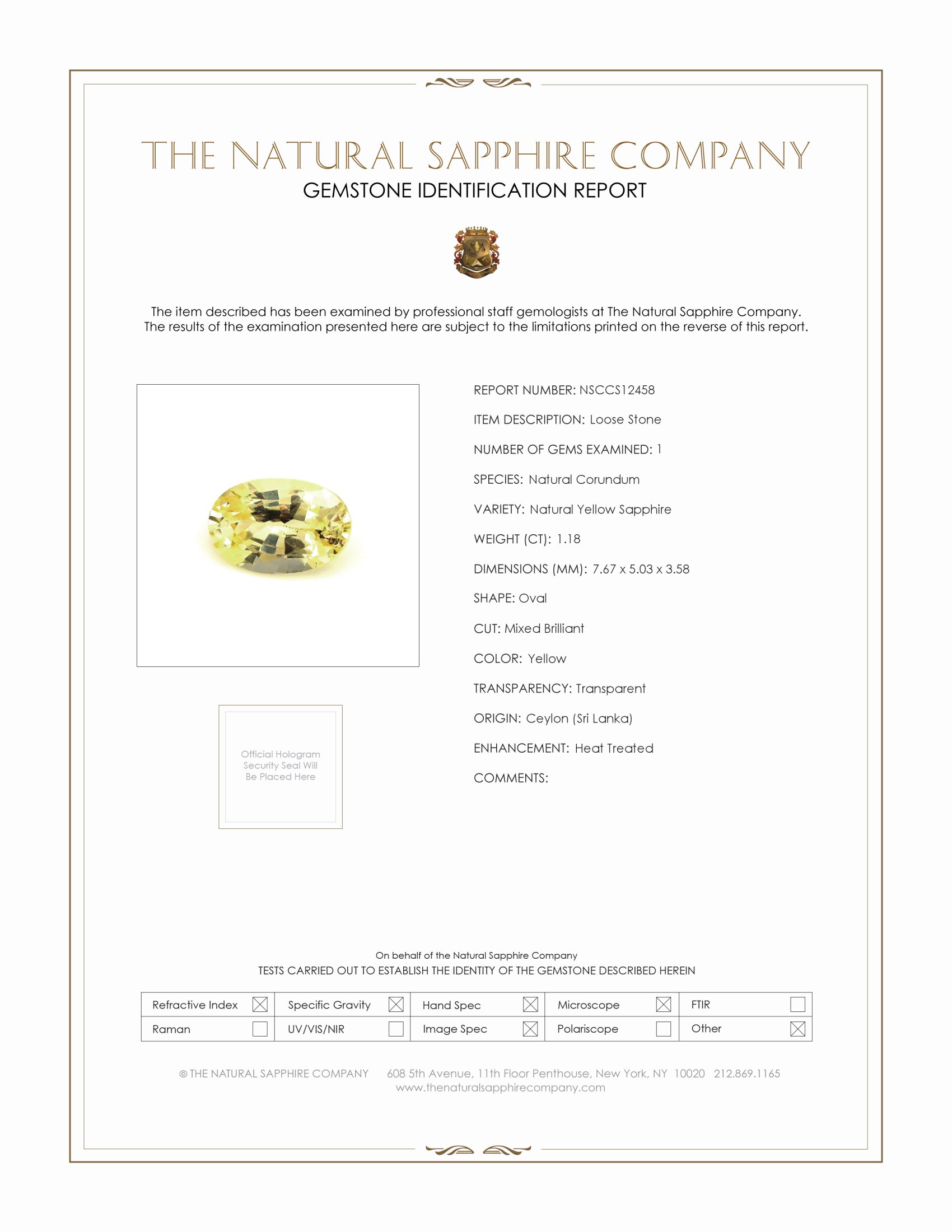 1.18 Ct. Yellow Sapphire from Ceylon (Sri Lanka)