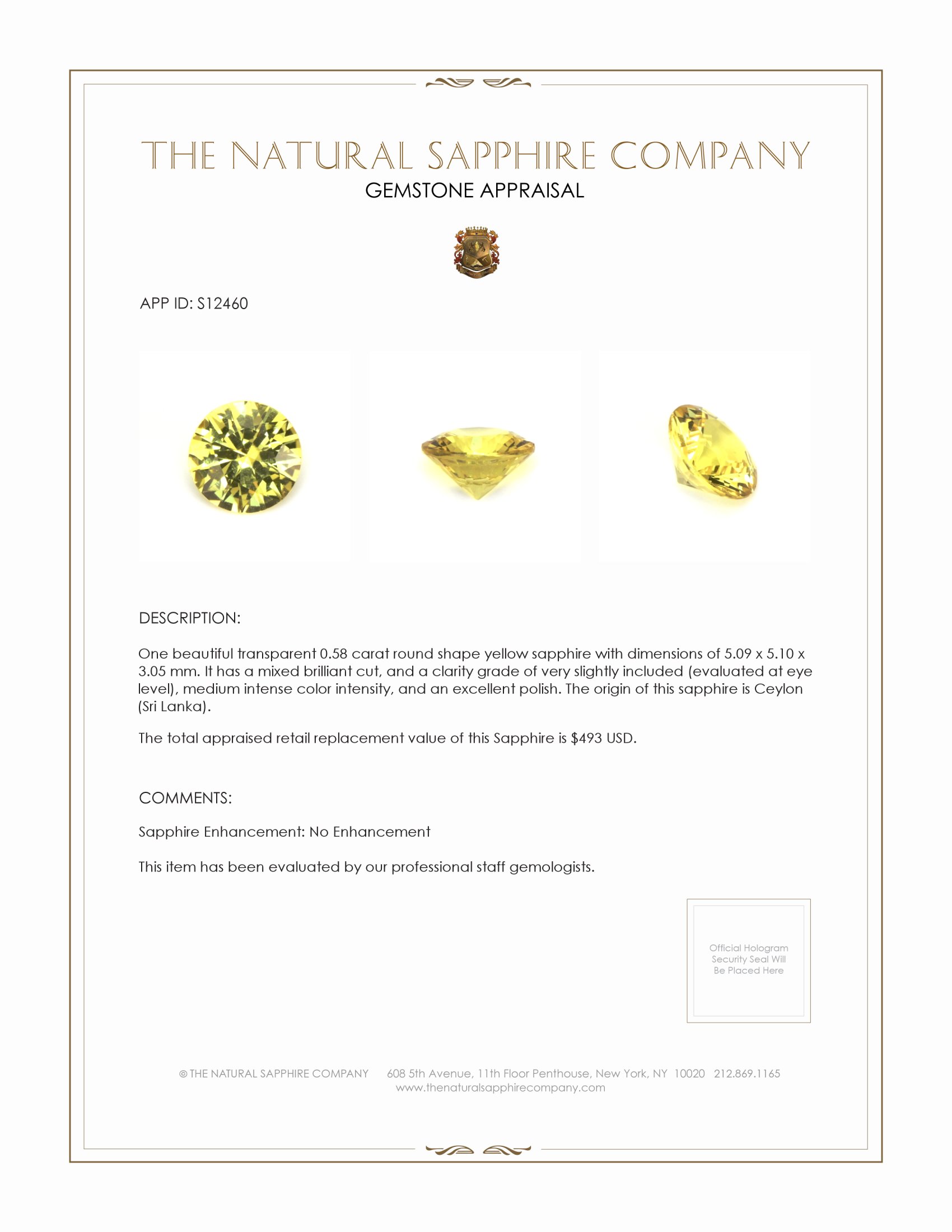 0.58 Ct. Yellow Sapphire from Ceylon (Sri Lanka)