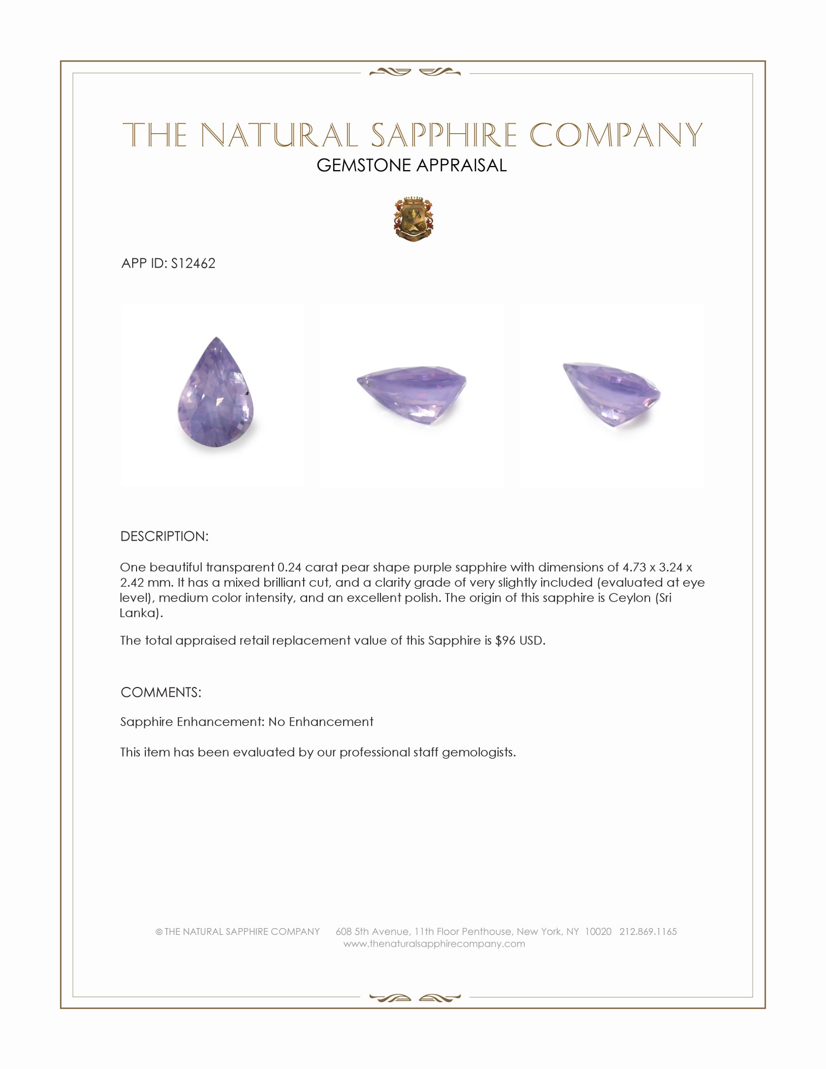 0.24 Ct. Purple Sapphire from Ceylon (Sri Lanka)