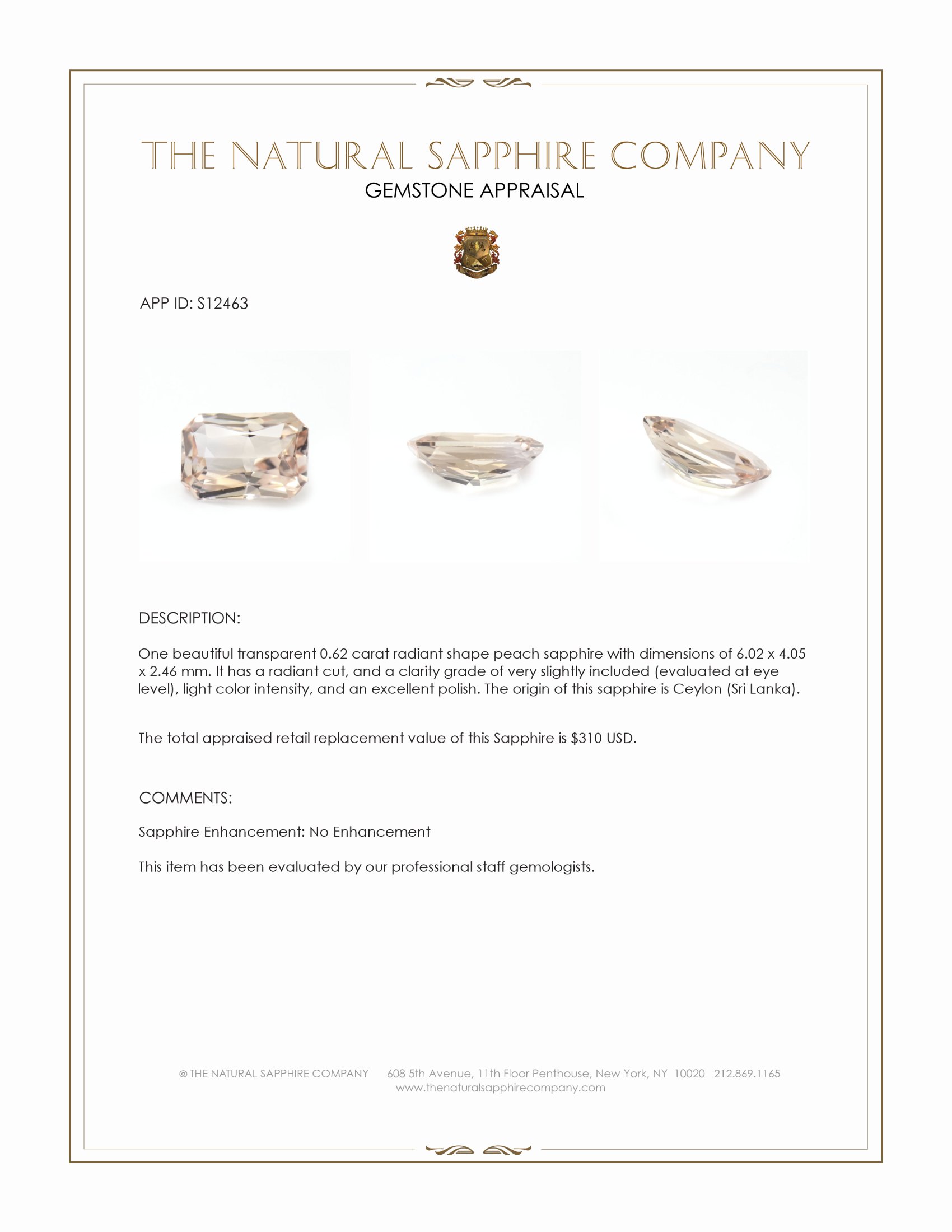 0.62 Ct. Peach Sapphire from Ceylon (Sri Lanka)