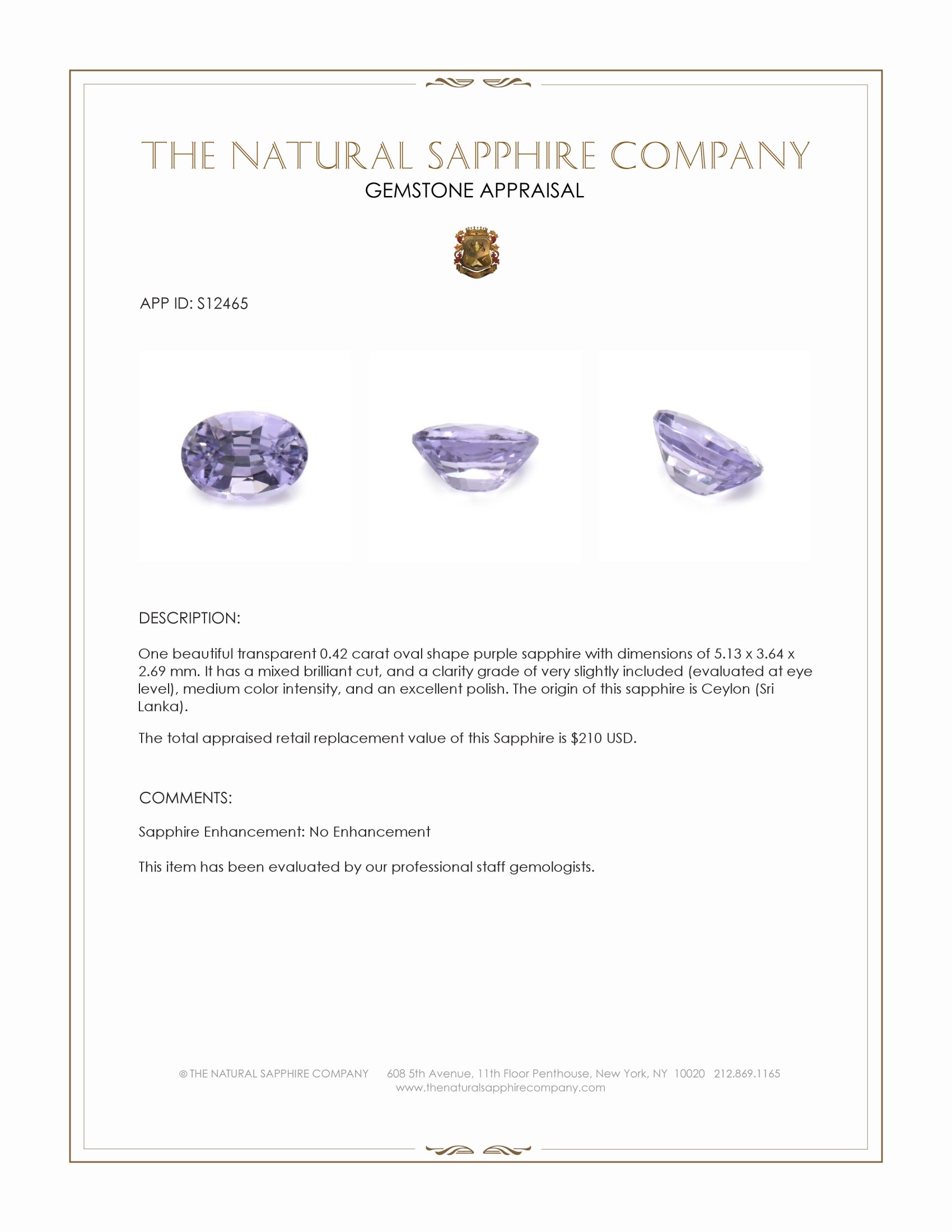 0.42 Ct. Purple Sapphire from Ceylon (Sri Lanka)