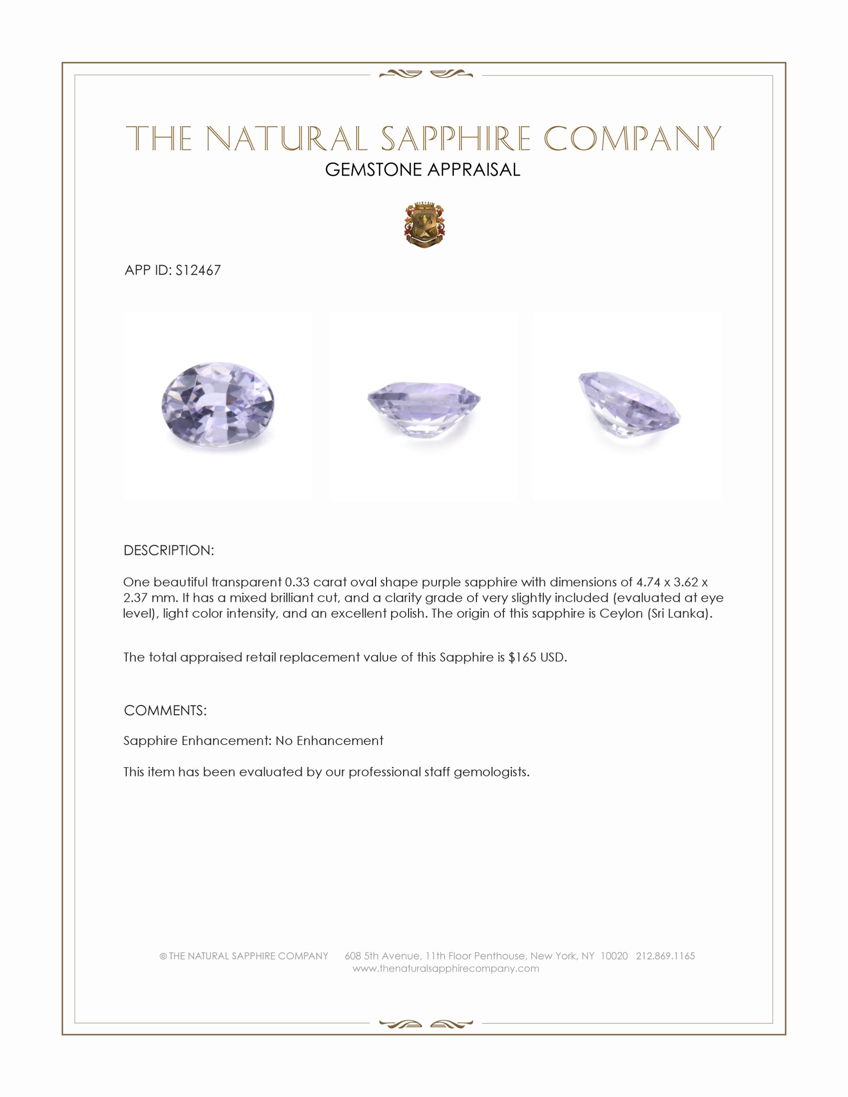 0.33 Ct. Purple Sapphire from Ceylon (Sri Lanka)