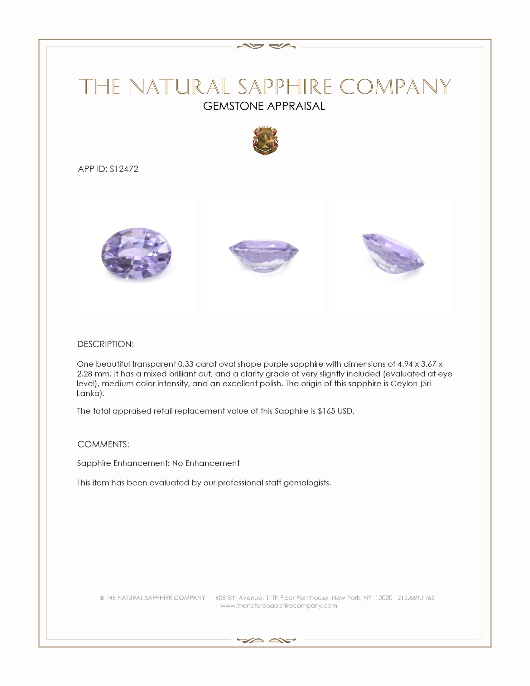 0.33 Ct. Purple Sapphire from Ceylon (Sri Lanka)