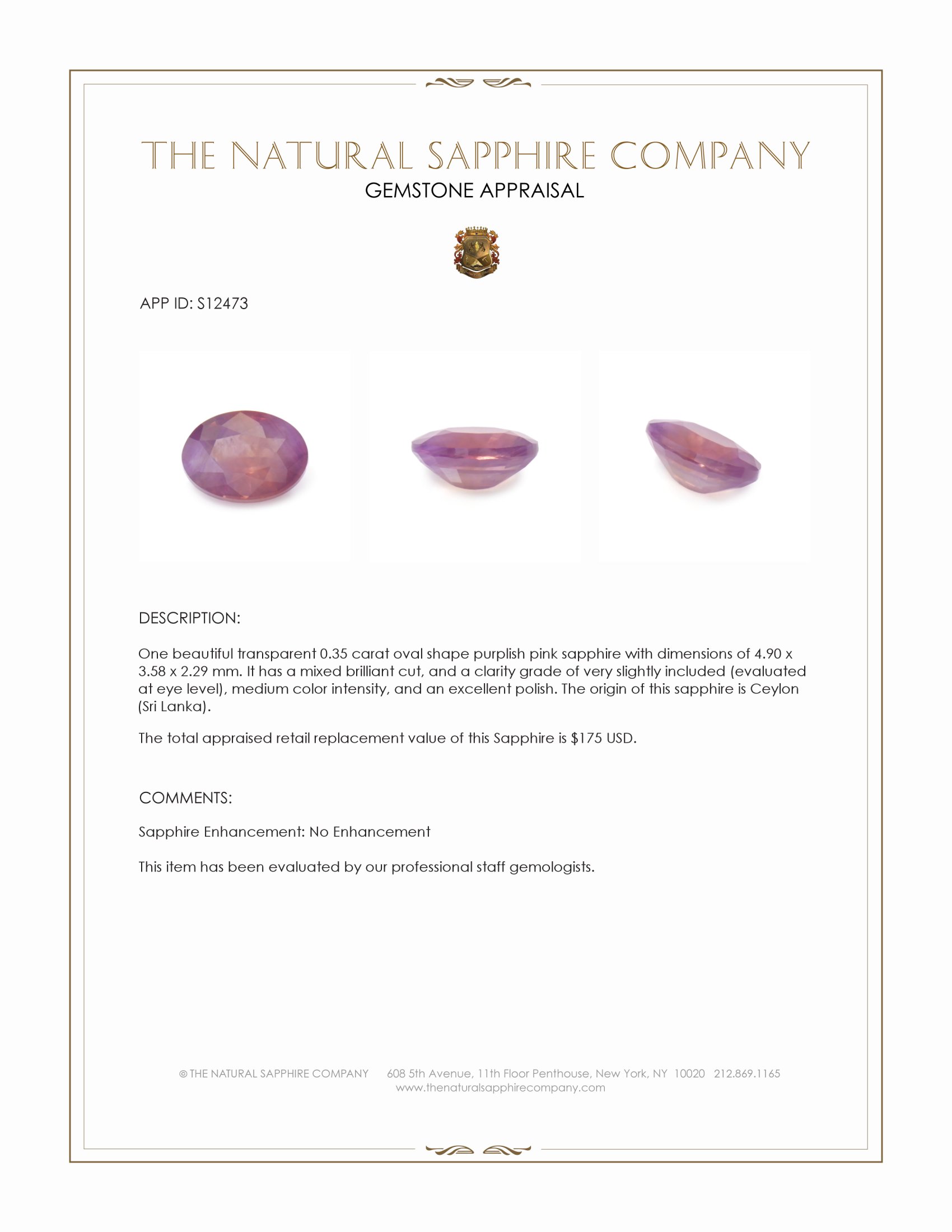 0.35 Ct. Purplish Pink Sapphire from Ceylon (Sri Lanka)