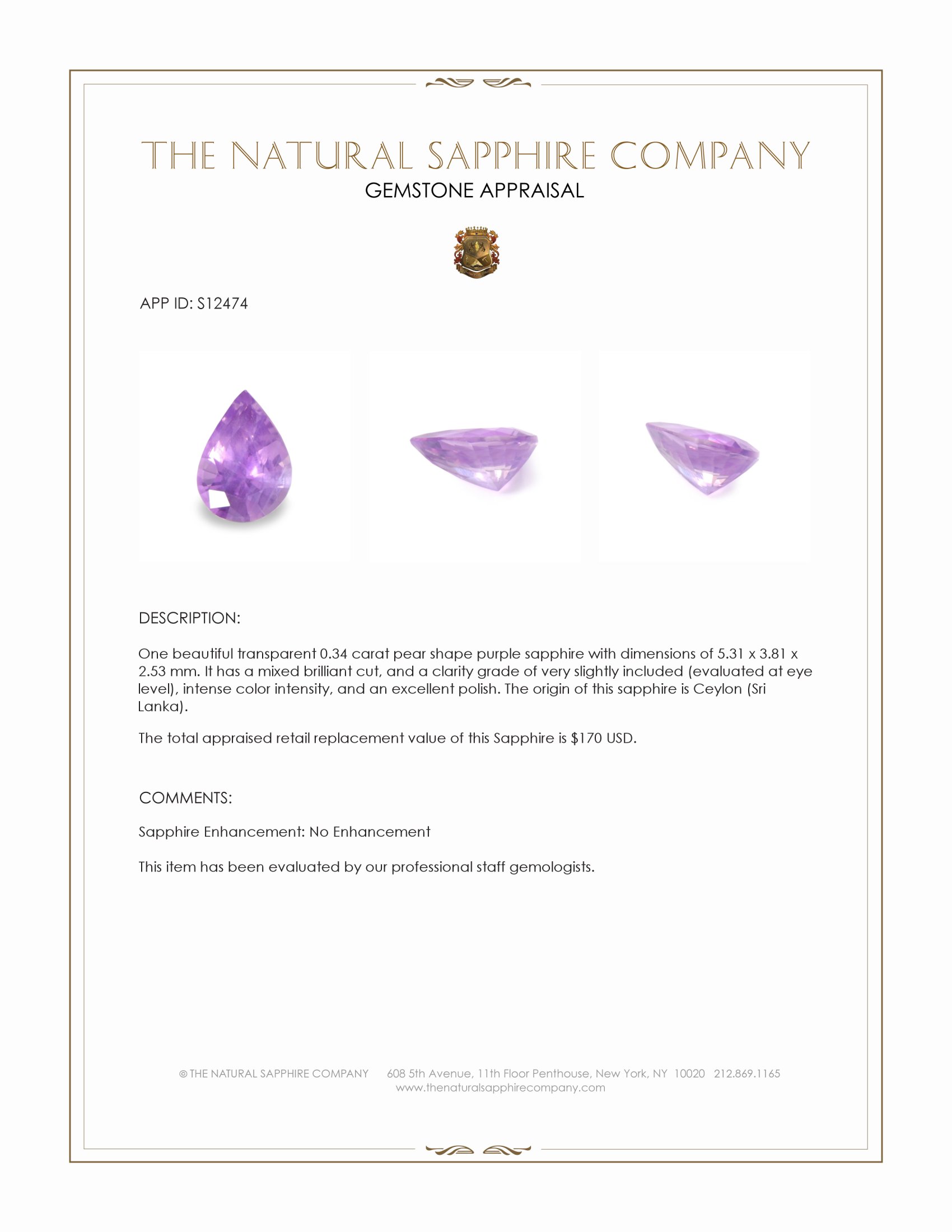 0.34 Ct. Purple Sapphire from Ceylon (Sri Lanka)