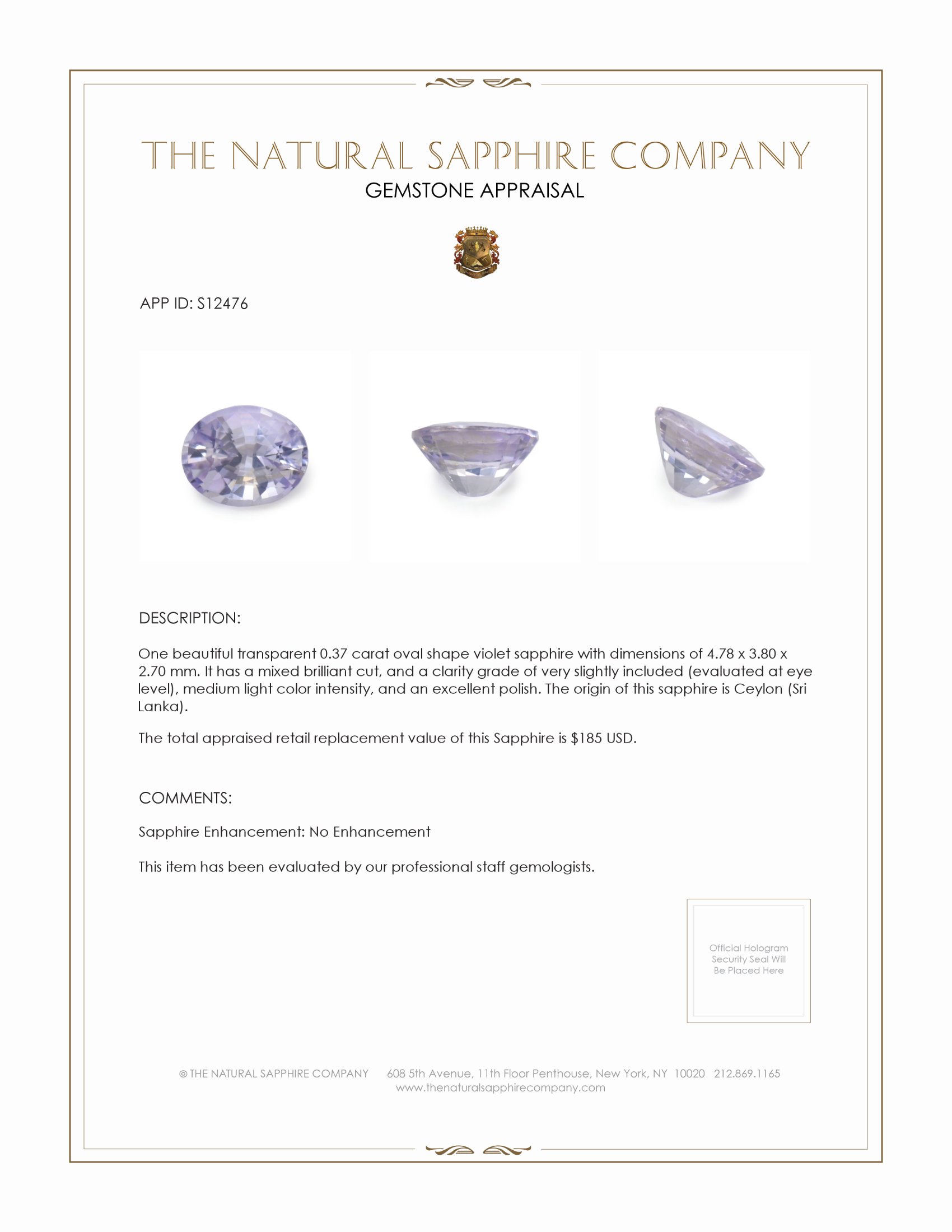 0.37 Ct. Violet Sapphire from Ceylon (Sri Lanka)