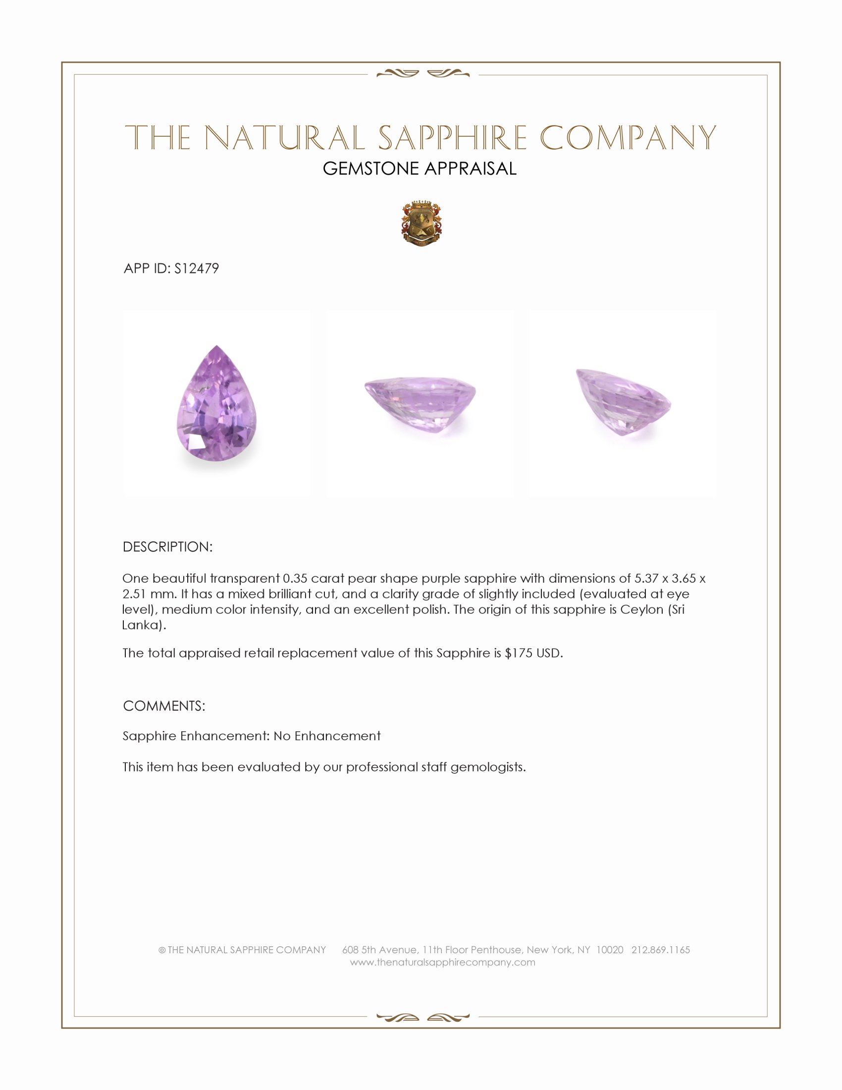0.35 Ct. Purple Sapphire from Ceylon (Sri Lanka)