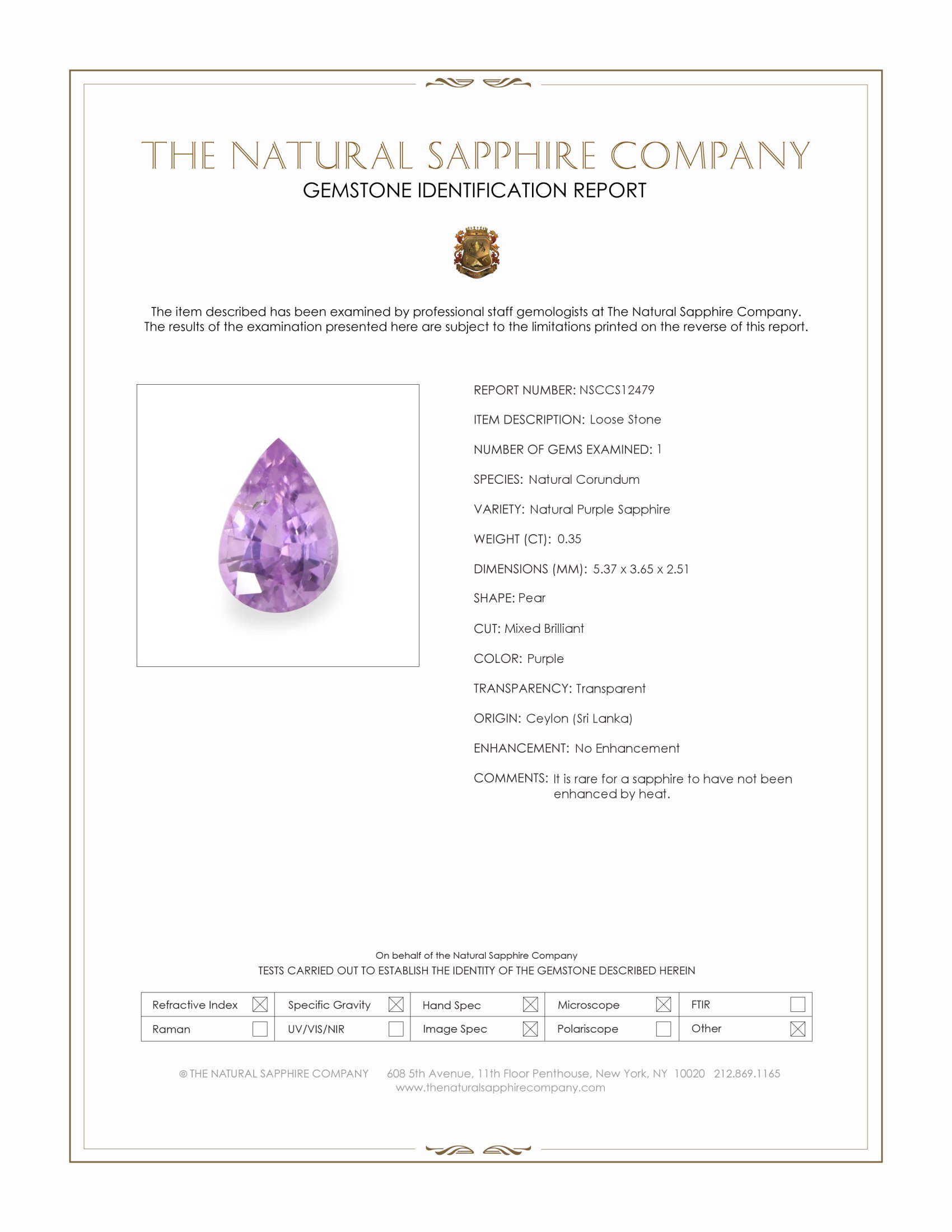 0.35 Ct. Purple Sapphire from Ceylon (Sri Lanka)