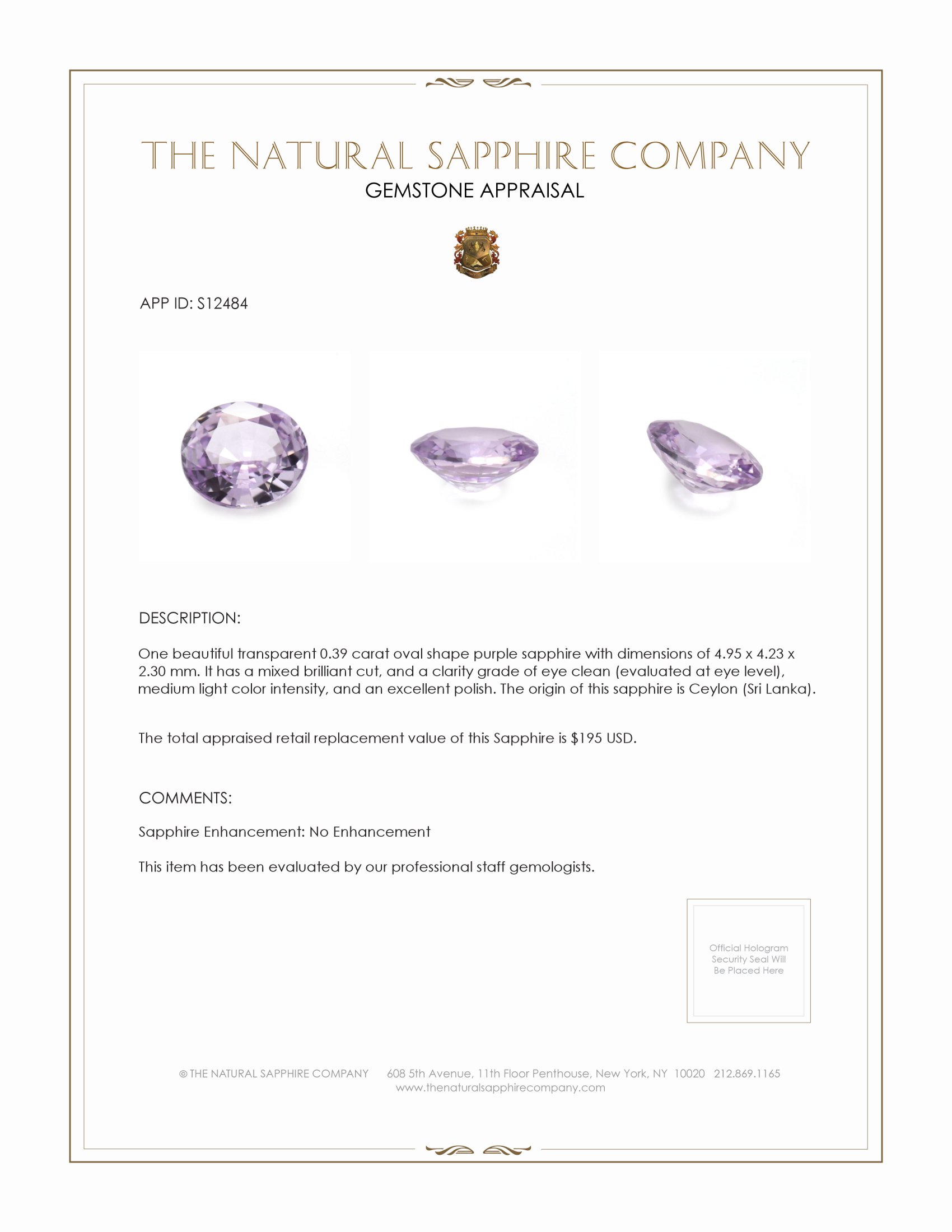 0.39 Ct. Purple Sapphire from Ceylon (Sri Lanka)