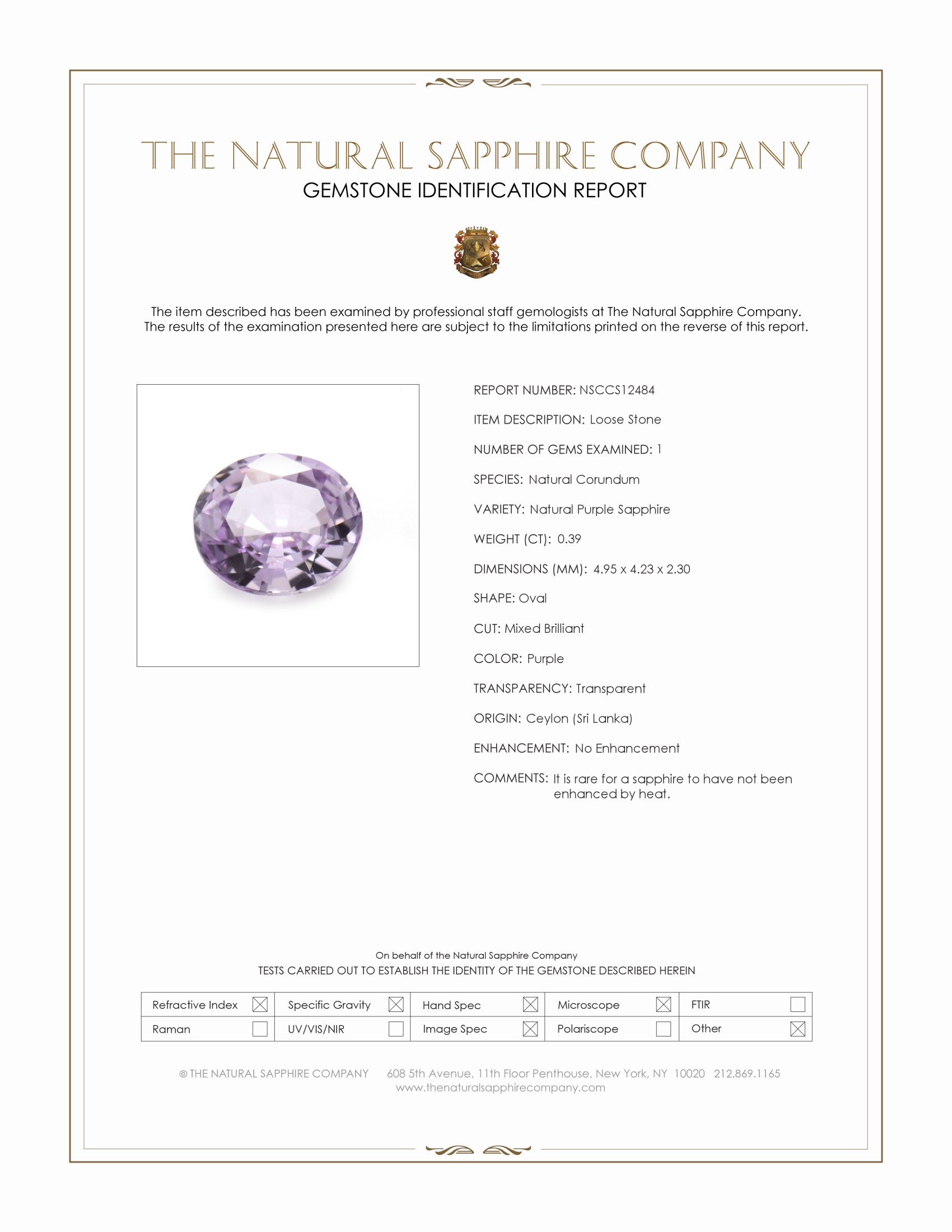 0.39 Ct. Purple Sapphire from Ceylon (Sri Lanka)