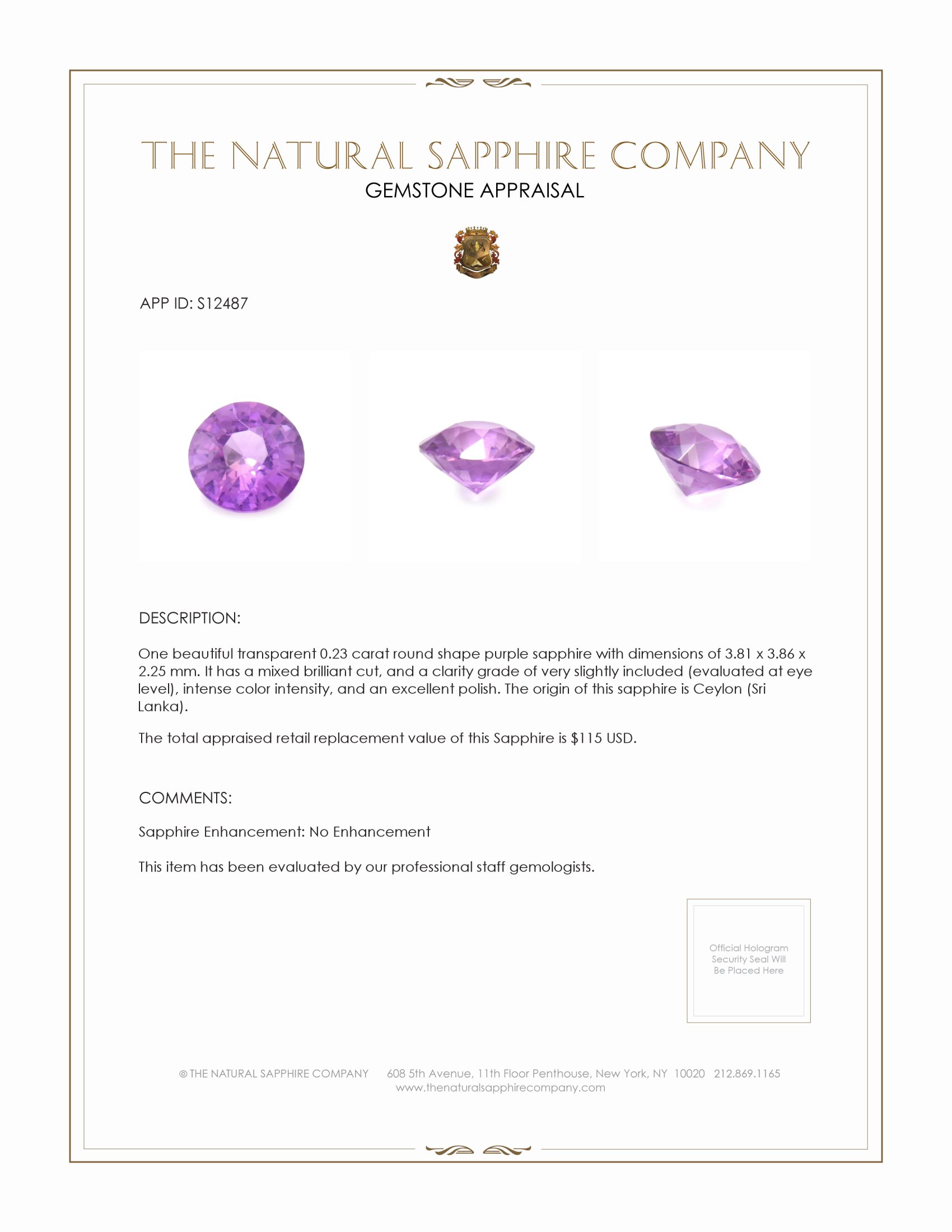 0.23 Ct. Purple Sapphire from Ceylon (Sri Lanka)
