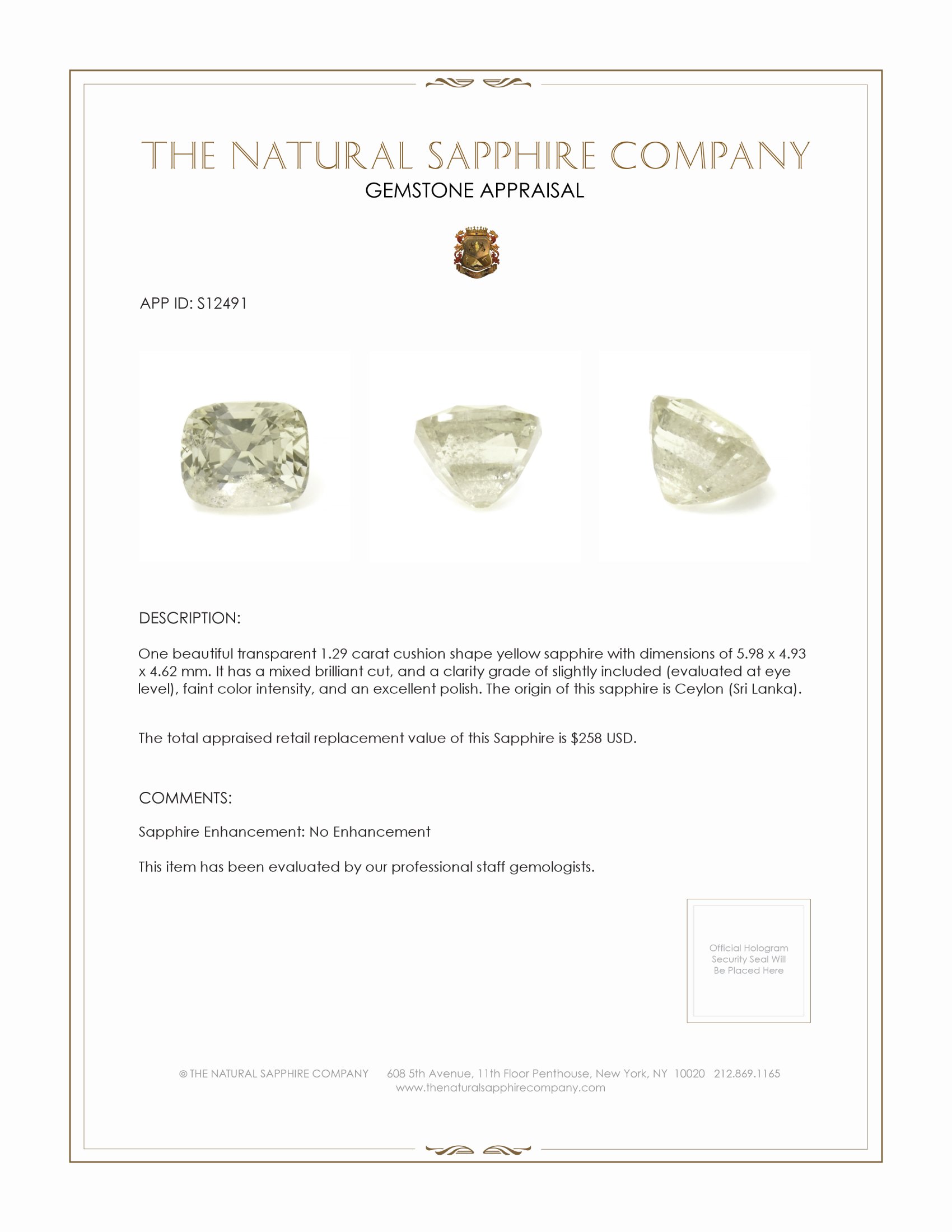 1.29 Ct. Yellow Sapphire from Ceylon (Sri Lanka)