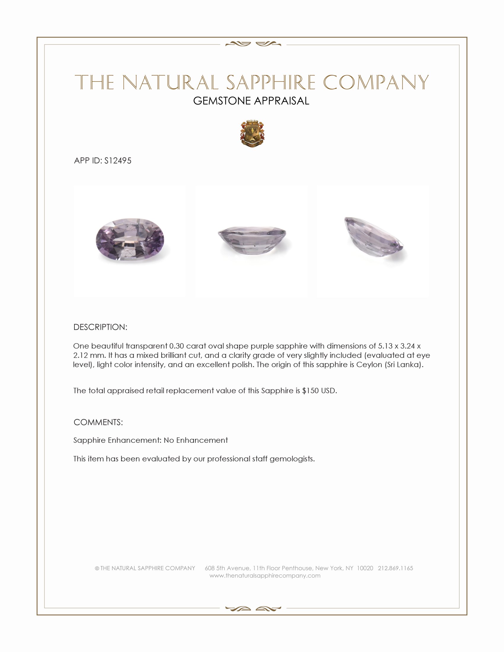 0.30 Ct. Purple Sapphire from Ceylon (Sri Lanka)