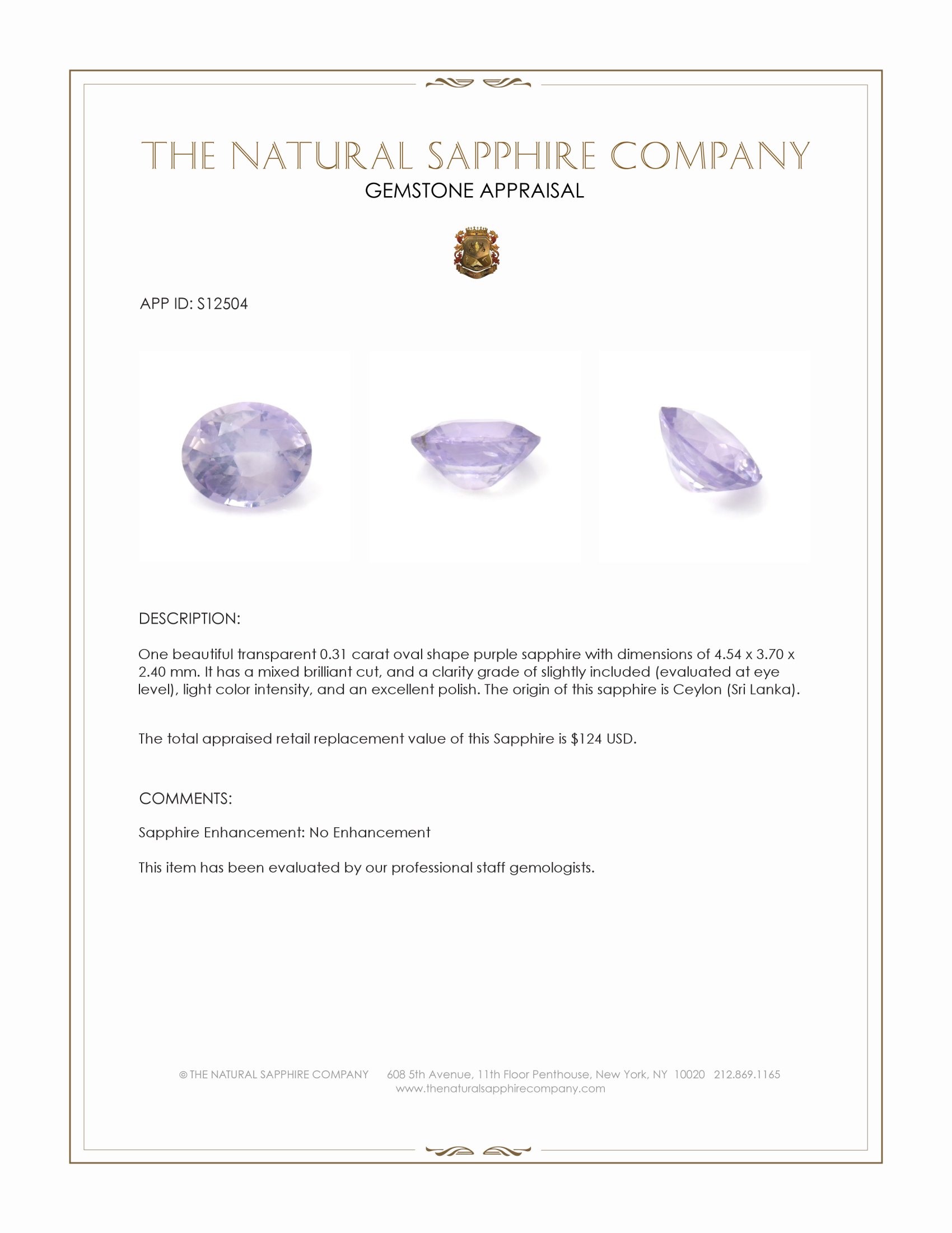 0.31 Ct. Purple Sapphire from Ceylon (Sri Lanka)