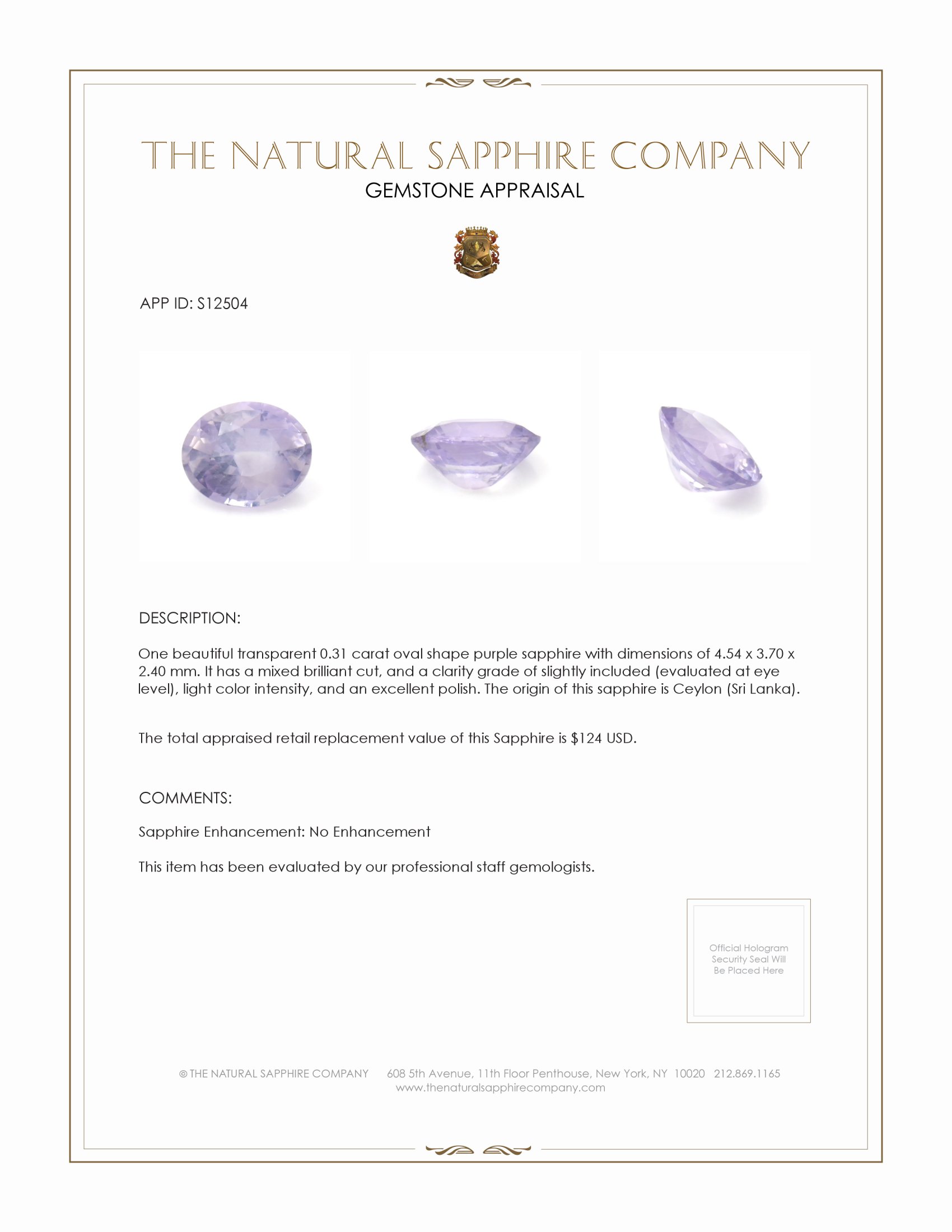 0.31 Ct. Purple Sapphire from Ceylon (Sri Lanka)