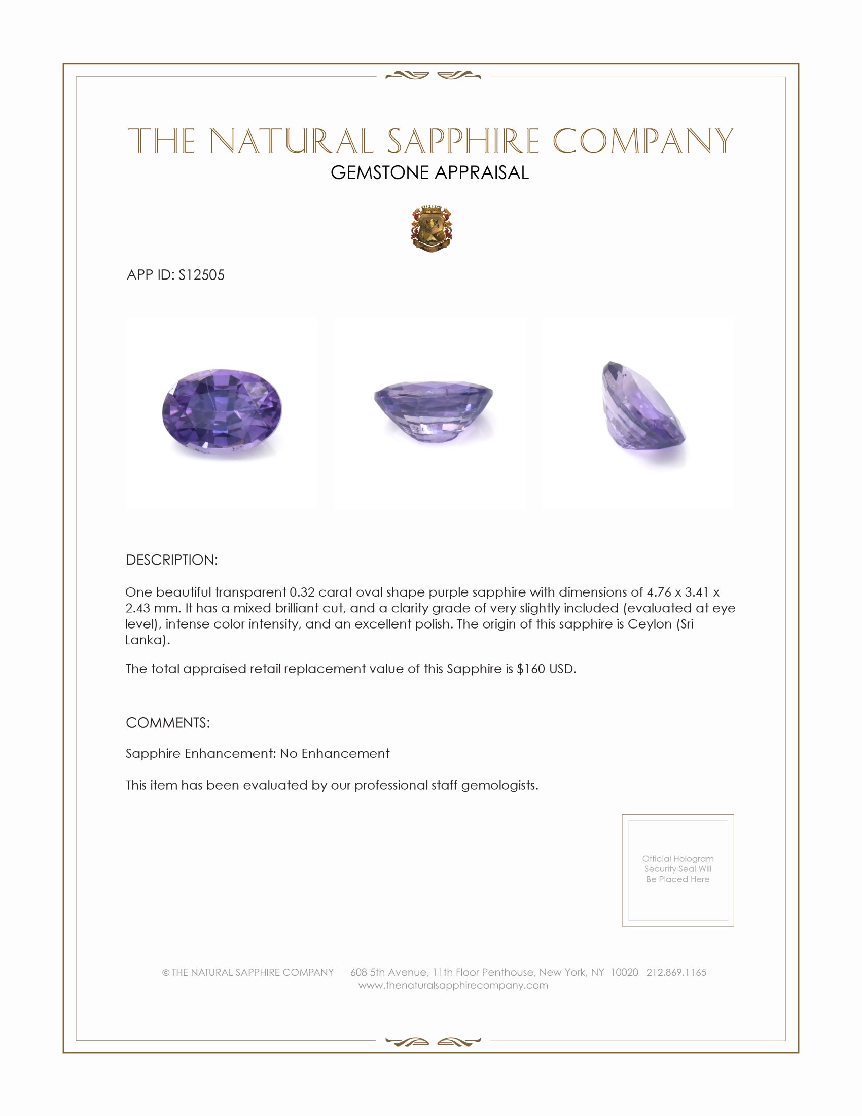 0.32 Ct. Purple Sapphire from Ceylon (Sri Lanka)