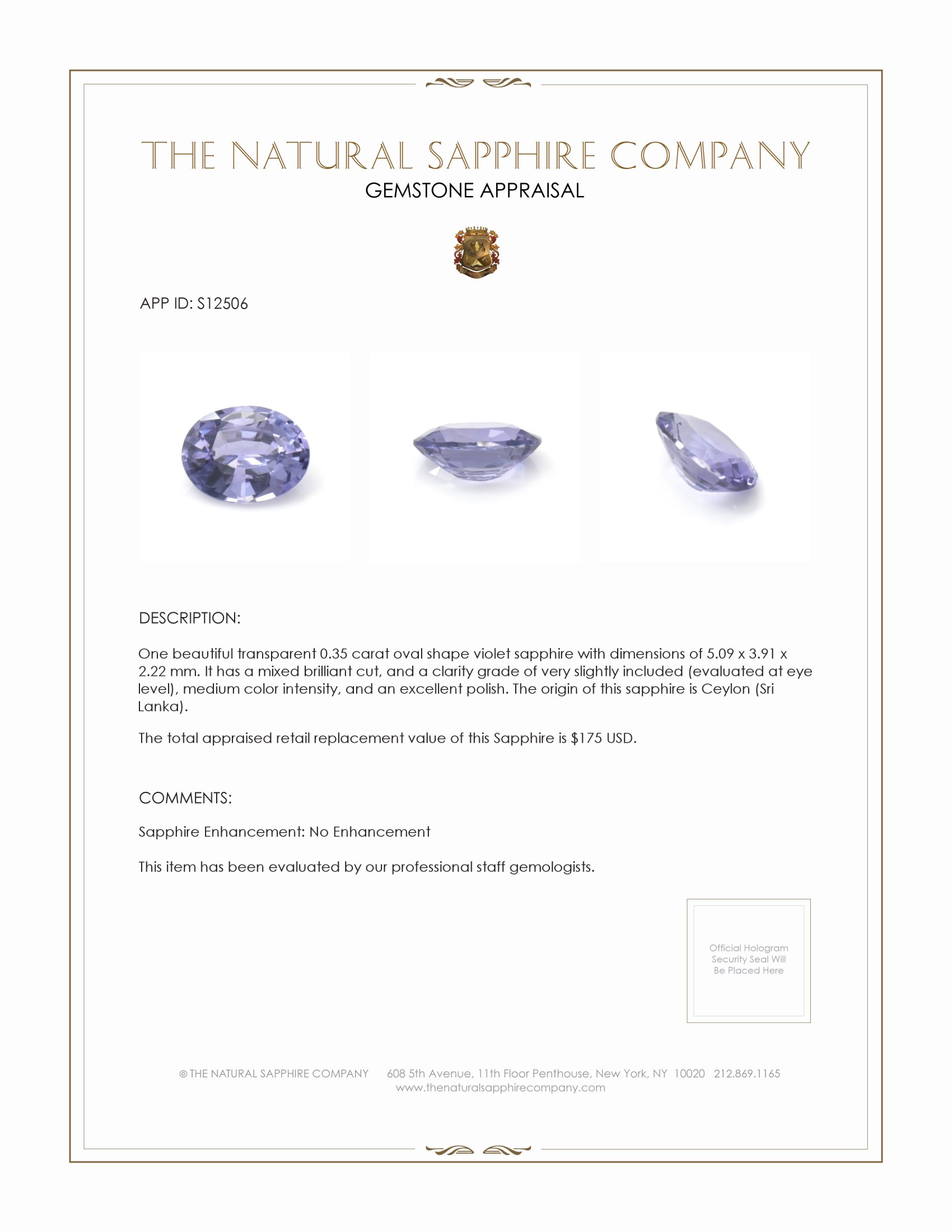 0.35 Ct. Violet Sapphire from Ceylon (Sri Lanka)