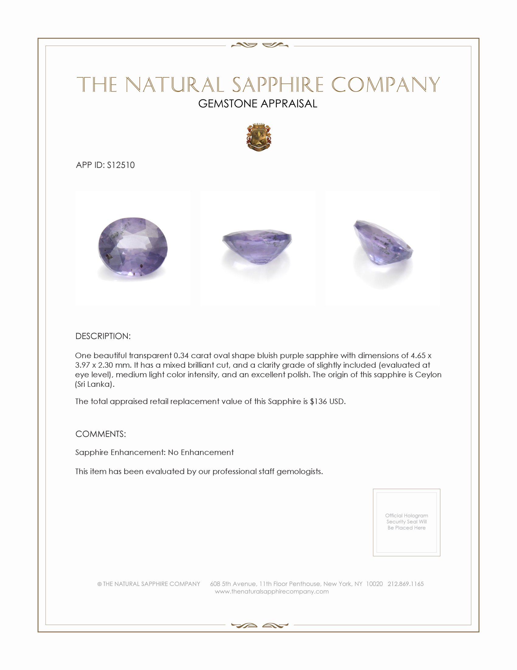 0.34 Ct. Bluish Purple Sapphire from Ceylon (Sri Lanka)