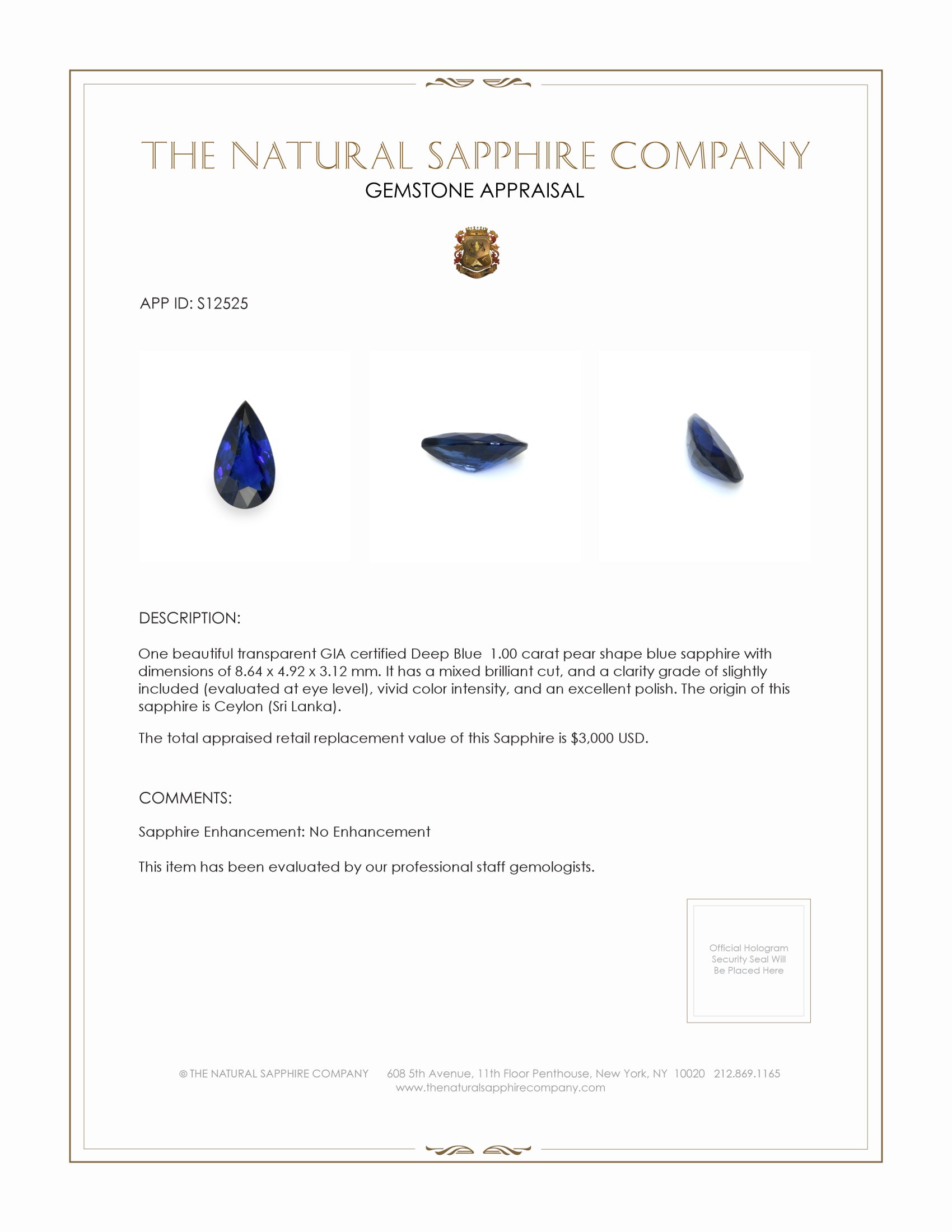 1.00 Ct. Blue Sapphire from Ceylon (Sri Lanka)