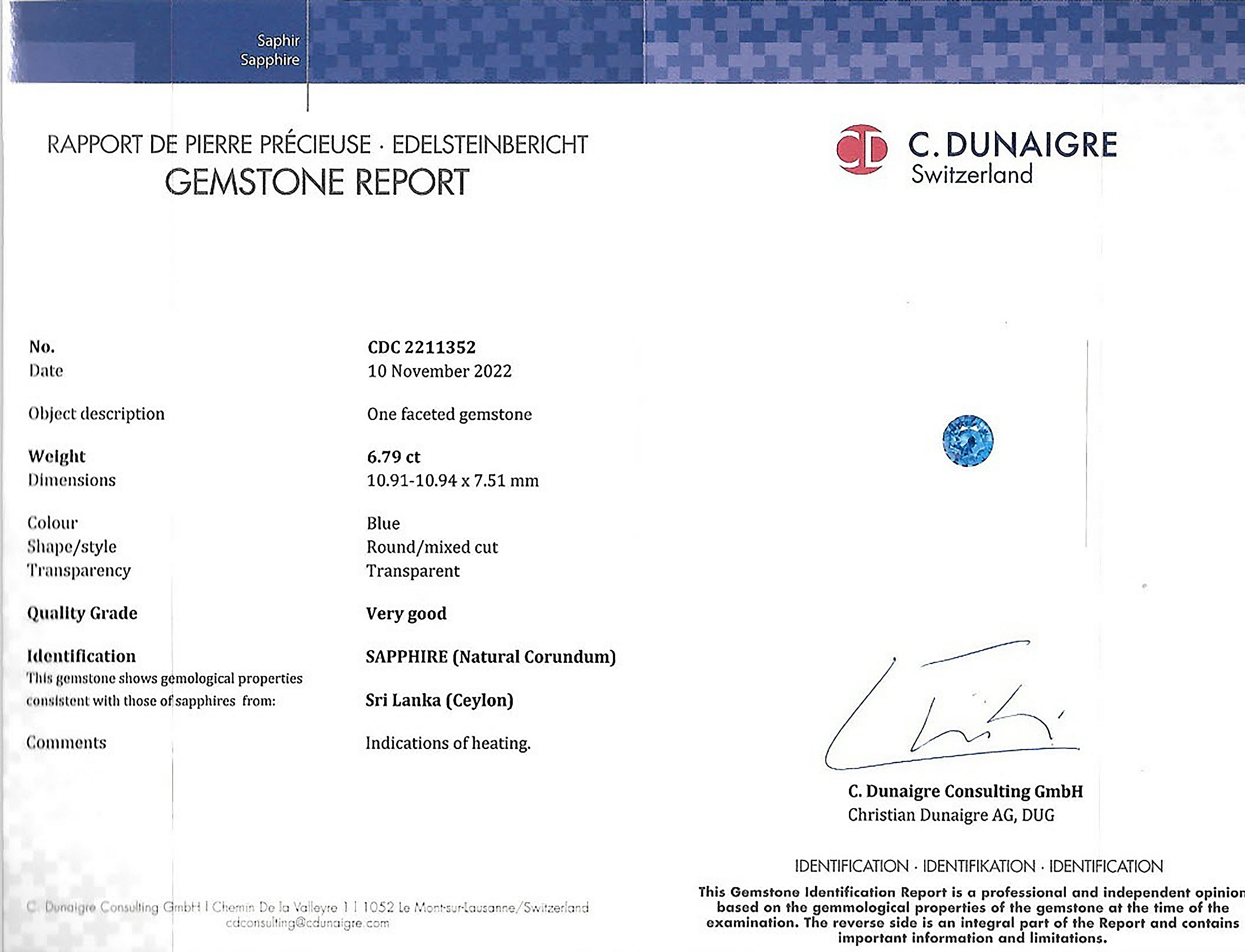 6.79 Ct. Blue Sapphire from Ceylon (Sri Lanka)
