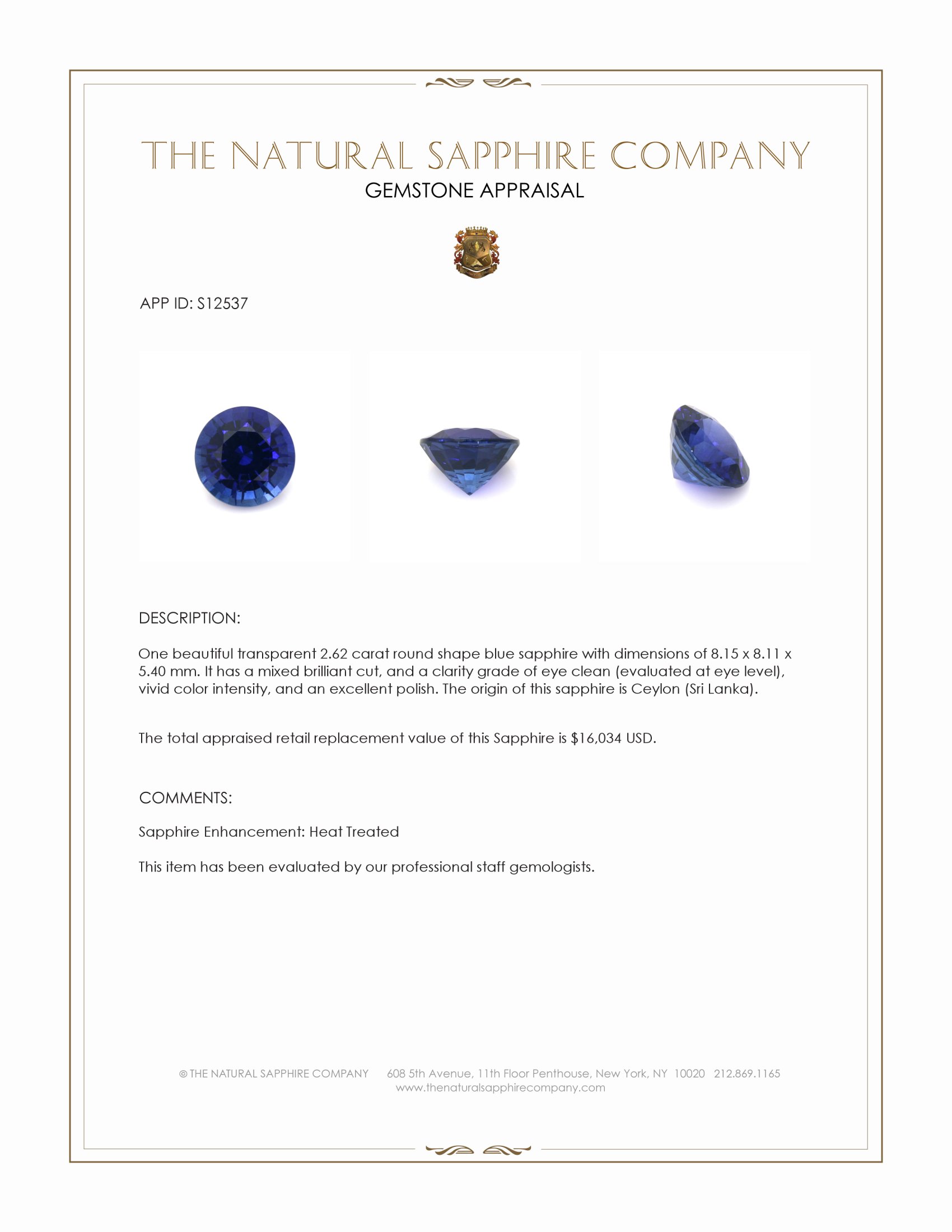 2.62 Ct. Blue Sapphire from Ceylon (Sri Lanka)