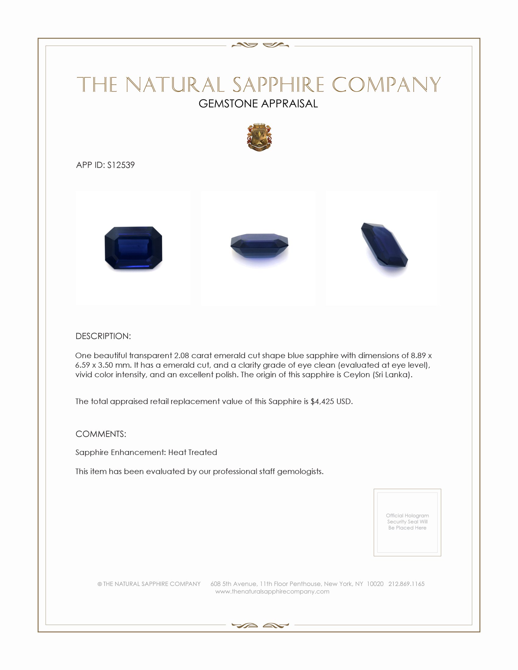 2.08 Ct. Blue Sapphire from Ceylon (Sri Lanka)